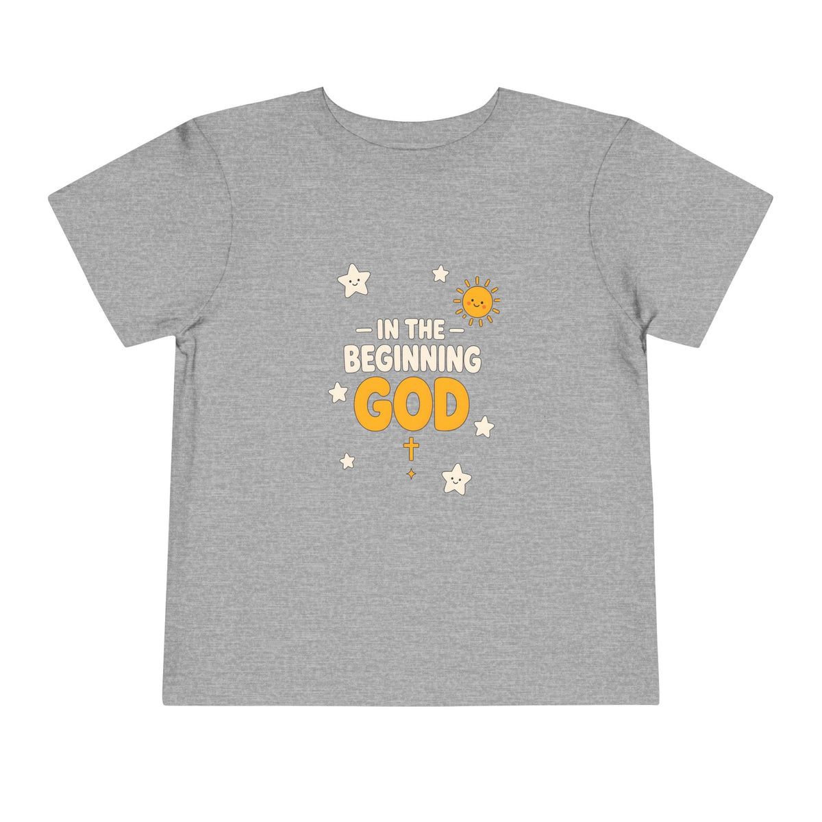 In the Beginning God lettering with smiling stars, a sun and a small gold cross on an Athletic Heather toddler T-Shirt