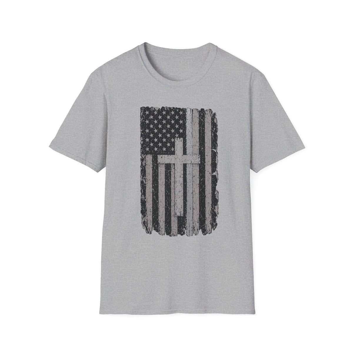 American Flag Cross Silver Line T-Shirt — Distressed Patriotic Christian Tee