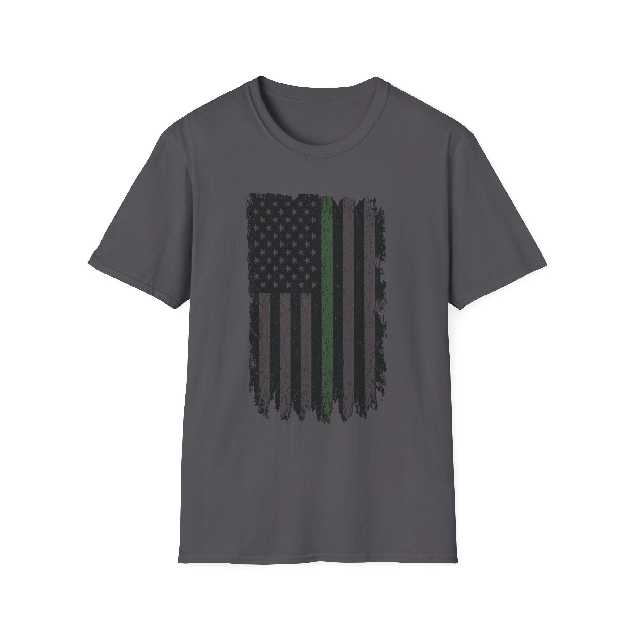 Distressed Thin Green Line American Flag T-Shirt — Supports Military and Similar Roles