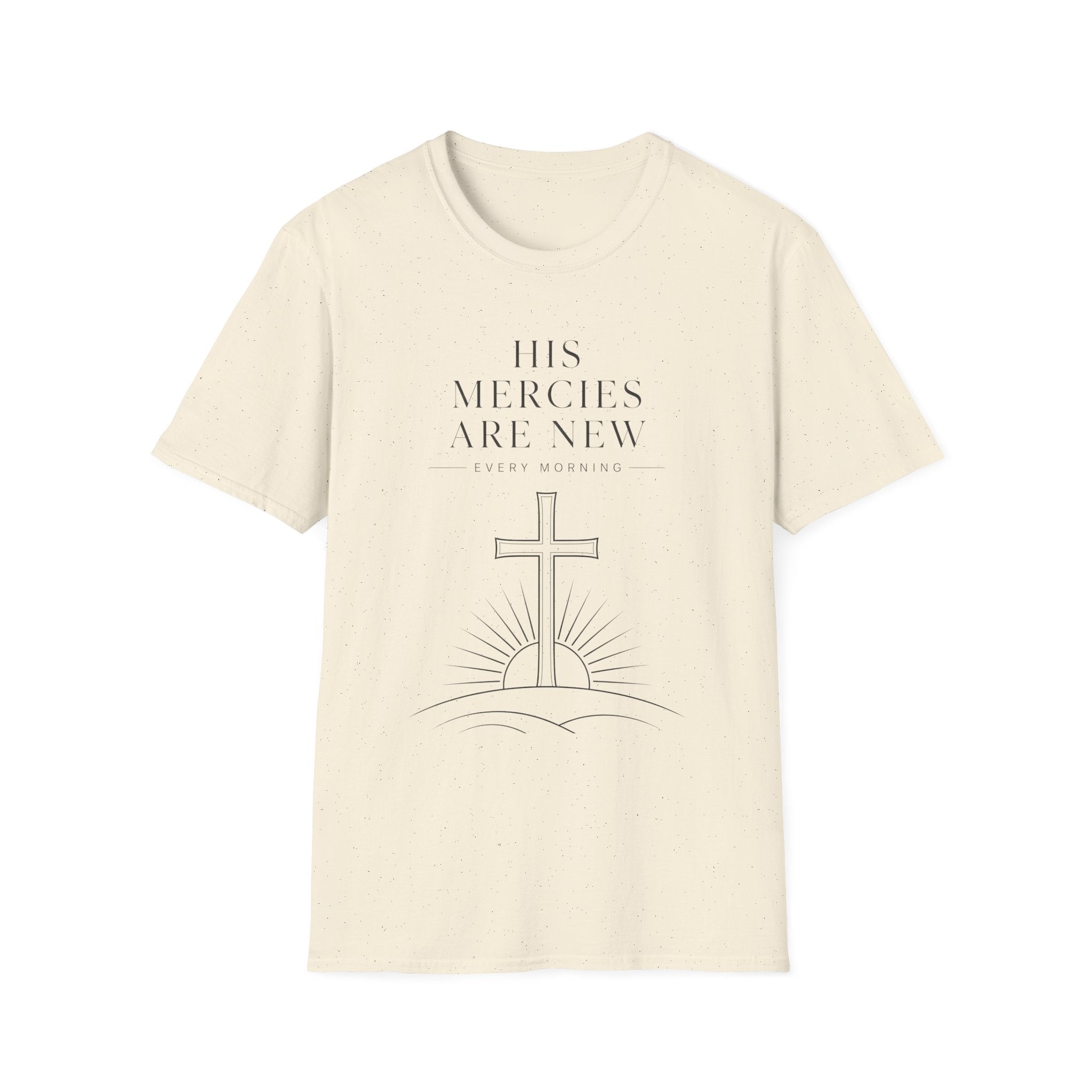 His Mercies Are New Tee — Christian Inspirational T-Shirt with Cross & Sunrise