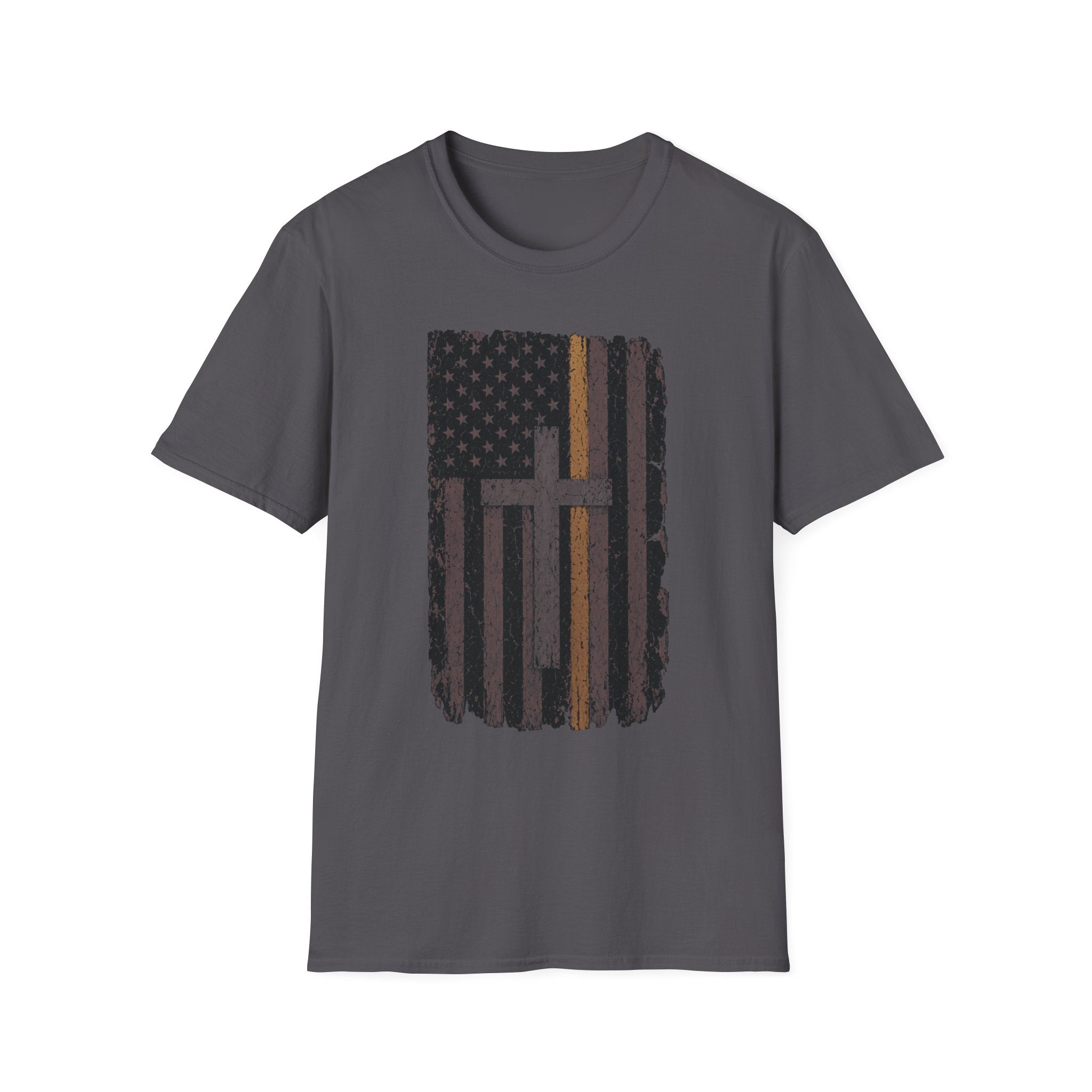 Christian American Yellow Line Flag T-Shirt — Distressed Cross USA Tee