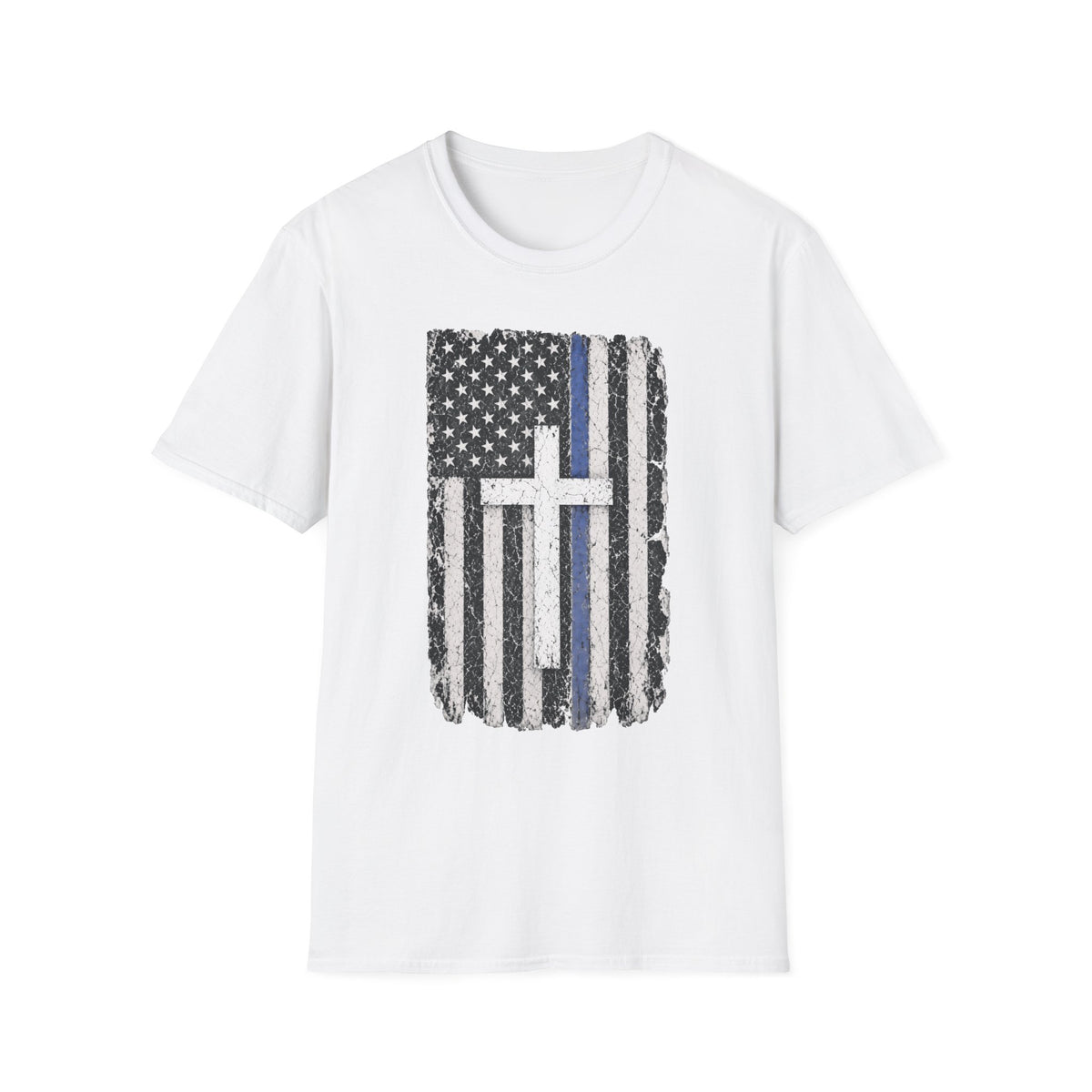 Thin Blue Line American Flag T-Shirt with Cross — Christian Police Support Tee