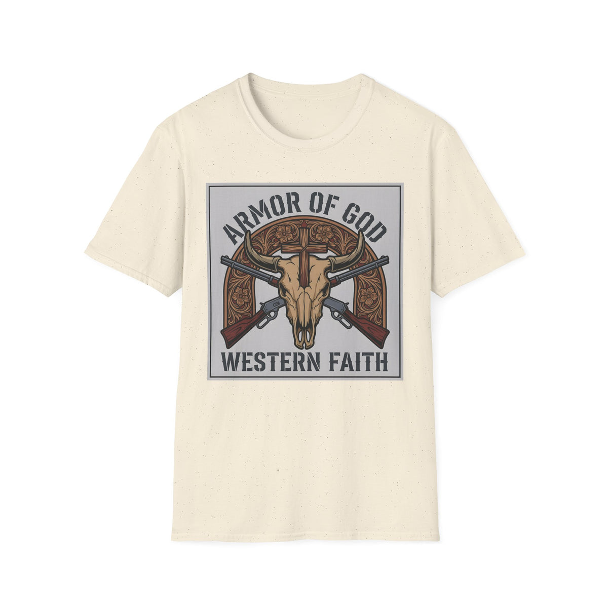 Armor of God western design of a longhorn skull, wooden cross and crossed rifles on a Natural unisex T-Shirt