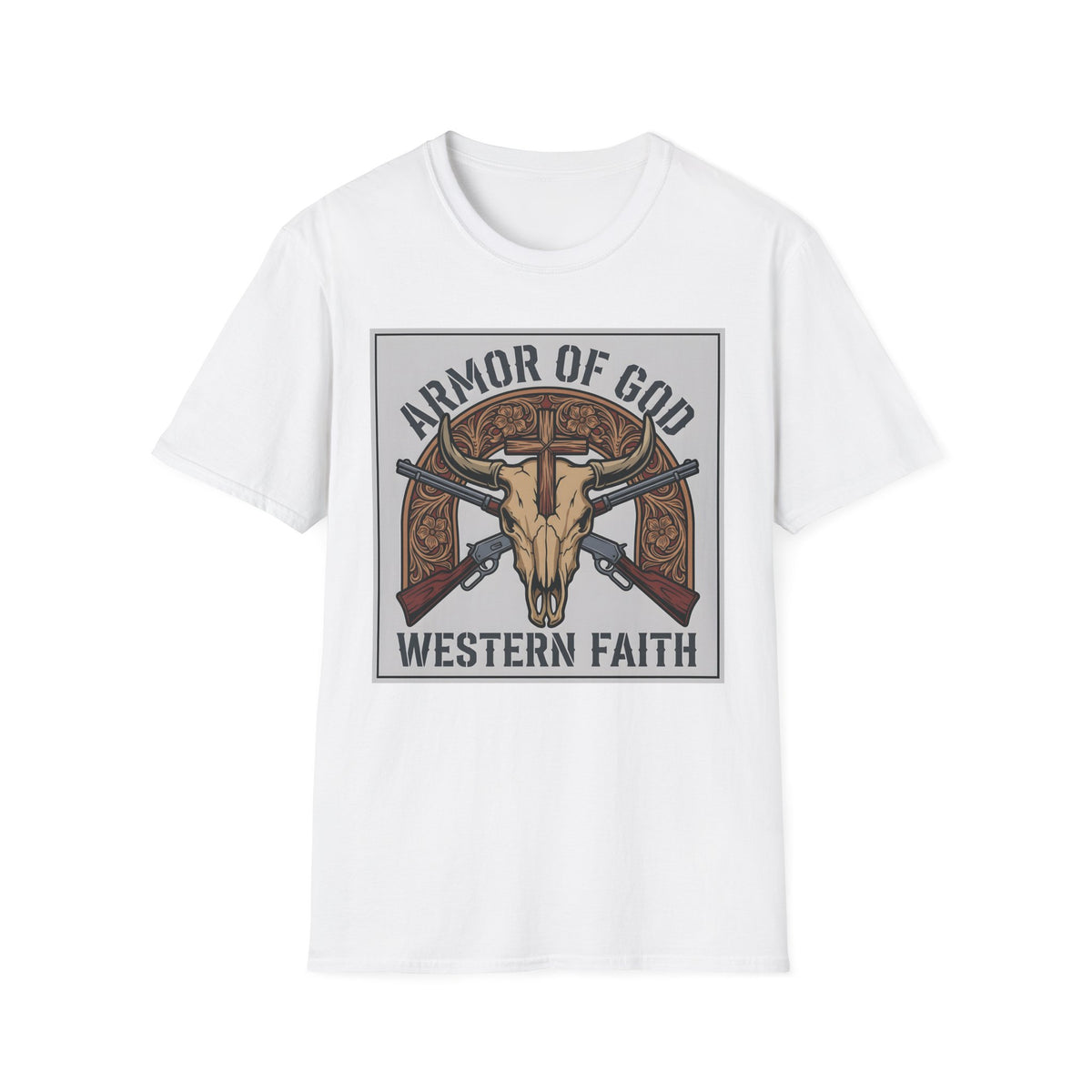 Armor of God western design of a longhorn skull, wooden cross and crossed rifles on a White unisex T-Shirt