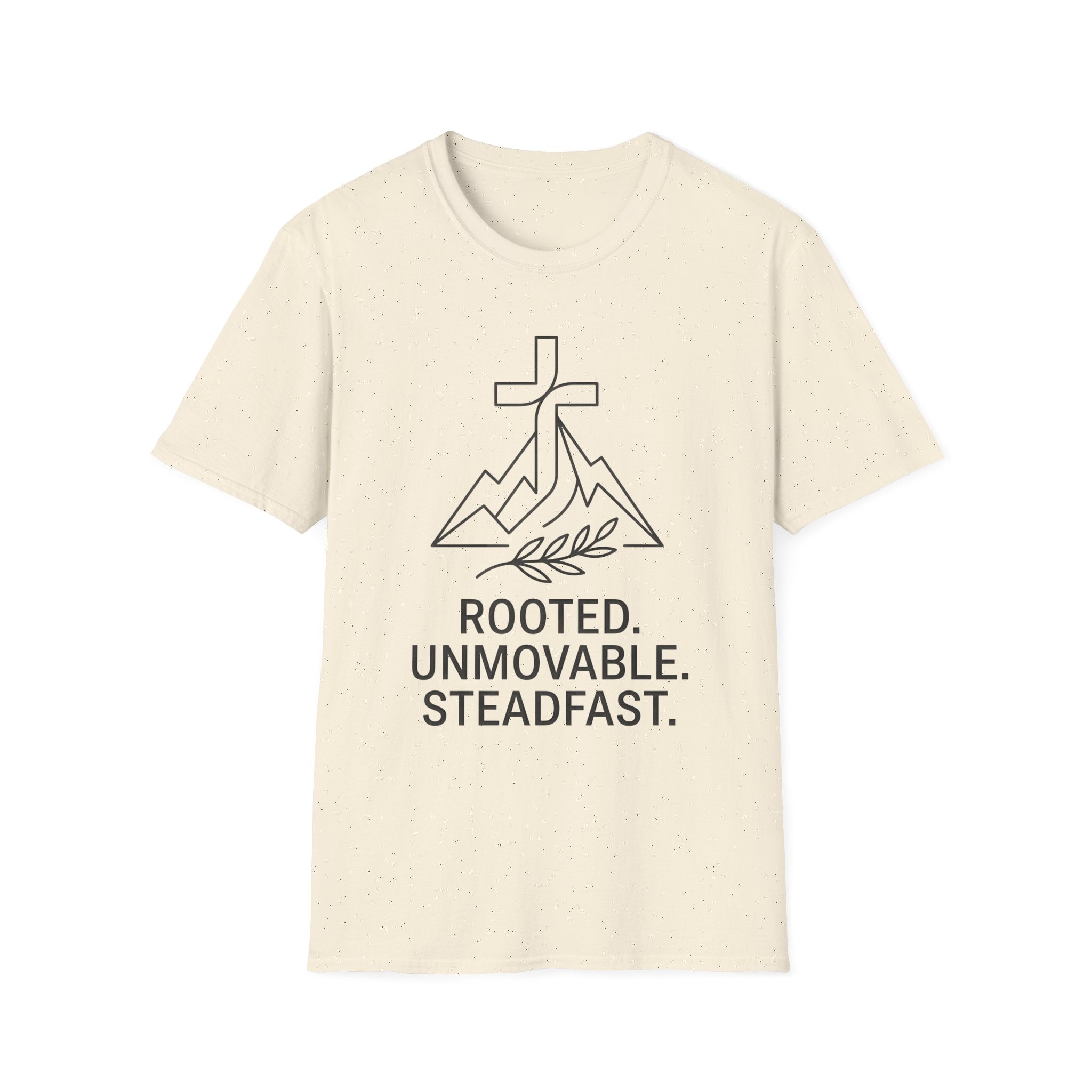 Rooted Faith T‑Shirt — "Rooted. Unmovable. Steadfast." Christian Mountain Cross Tee