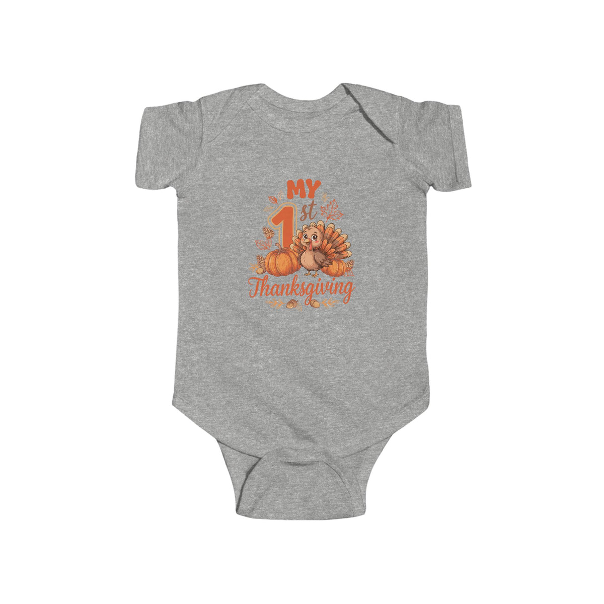 My 1st Thanksgiving turkey and pumpkins design on a Heather baby bodysuit