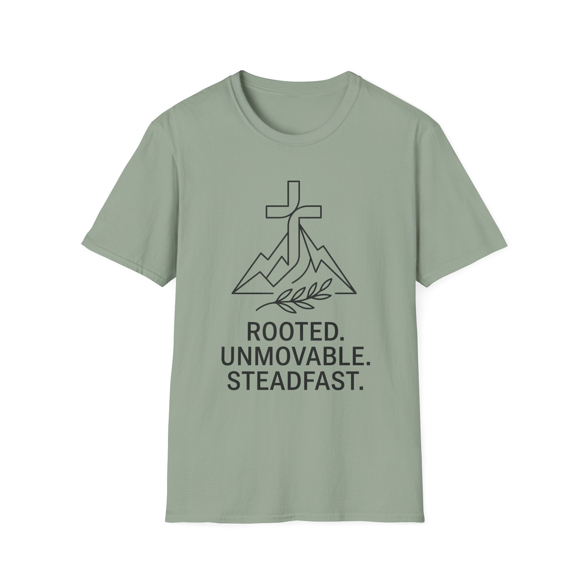 Rooted Faith T‑Shirt — "Rooted. Unmovable. Steadfast." Christian Mountain Cross Tee