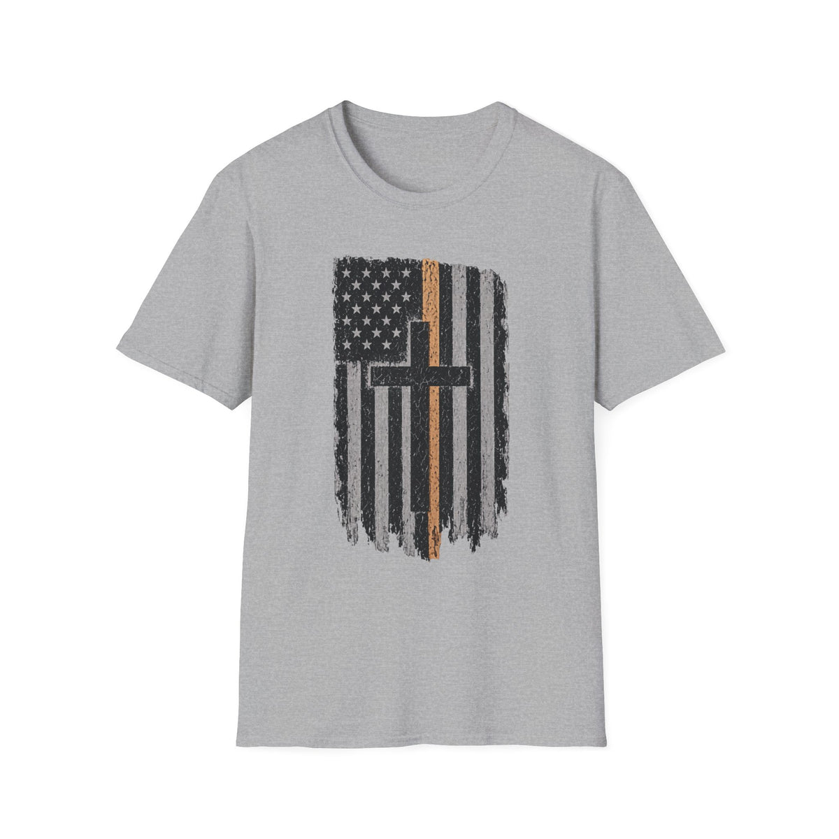 Christian Flag T-Shirt — Distressed American Flag with Cross & Thin Yellow Line