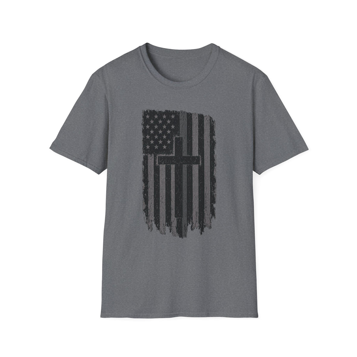 American Flag Cross Gray Line T-Shirt — Distressed Christian Patriotic Tee