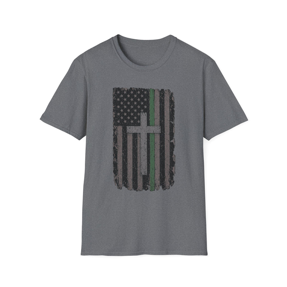 Christian Flag American Green Line Flag T-Shirt — Distressed Cross Patriotic Tee