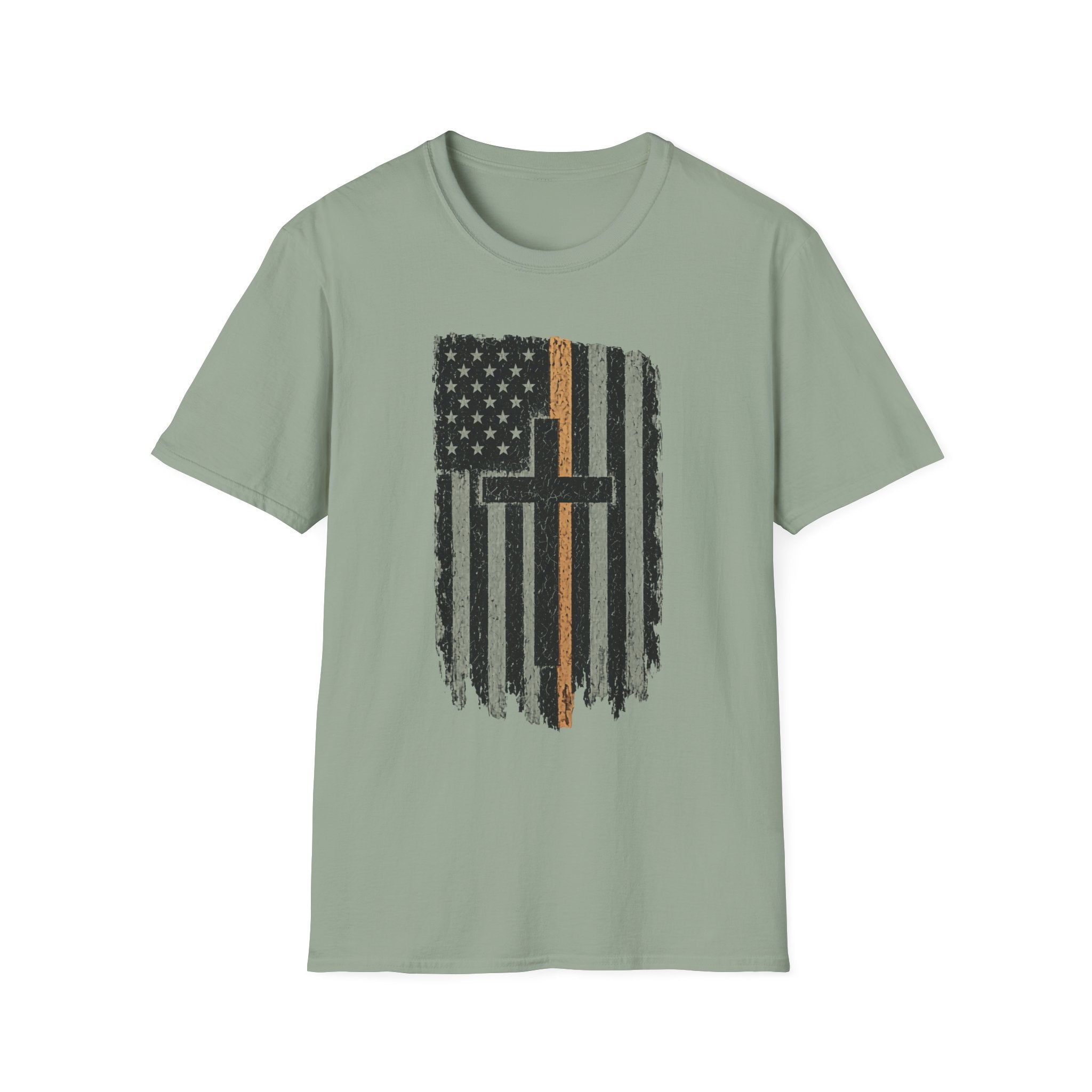 Christian Flag T-Shirt — Distressed American Flag with Cross & Thin Yellow Line