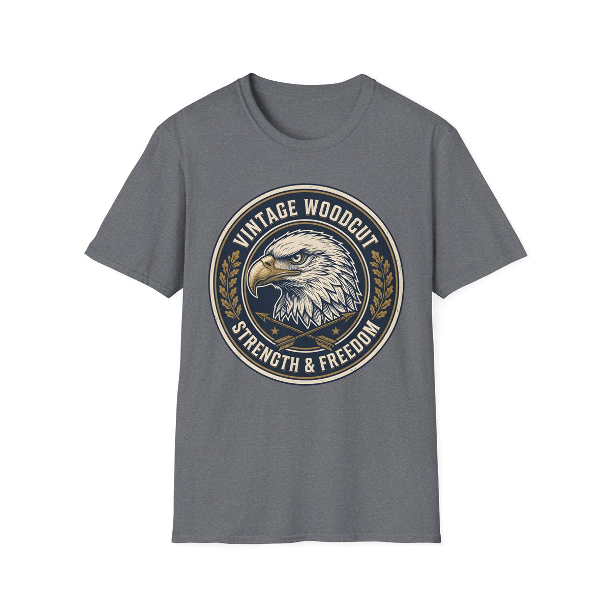 Strength & Freedom vintage woodcut emblem of a bald eagle with crossed arrows on a Graphite Heather unisex T-Shirt