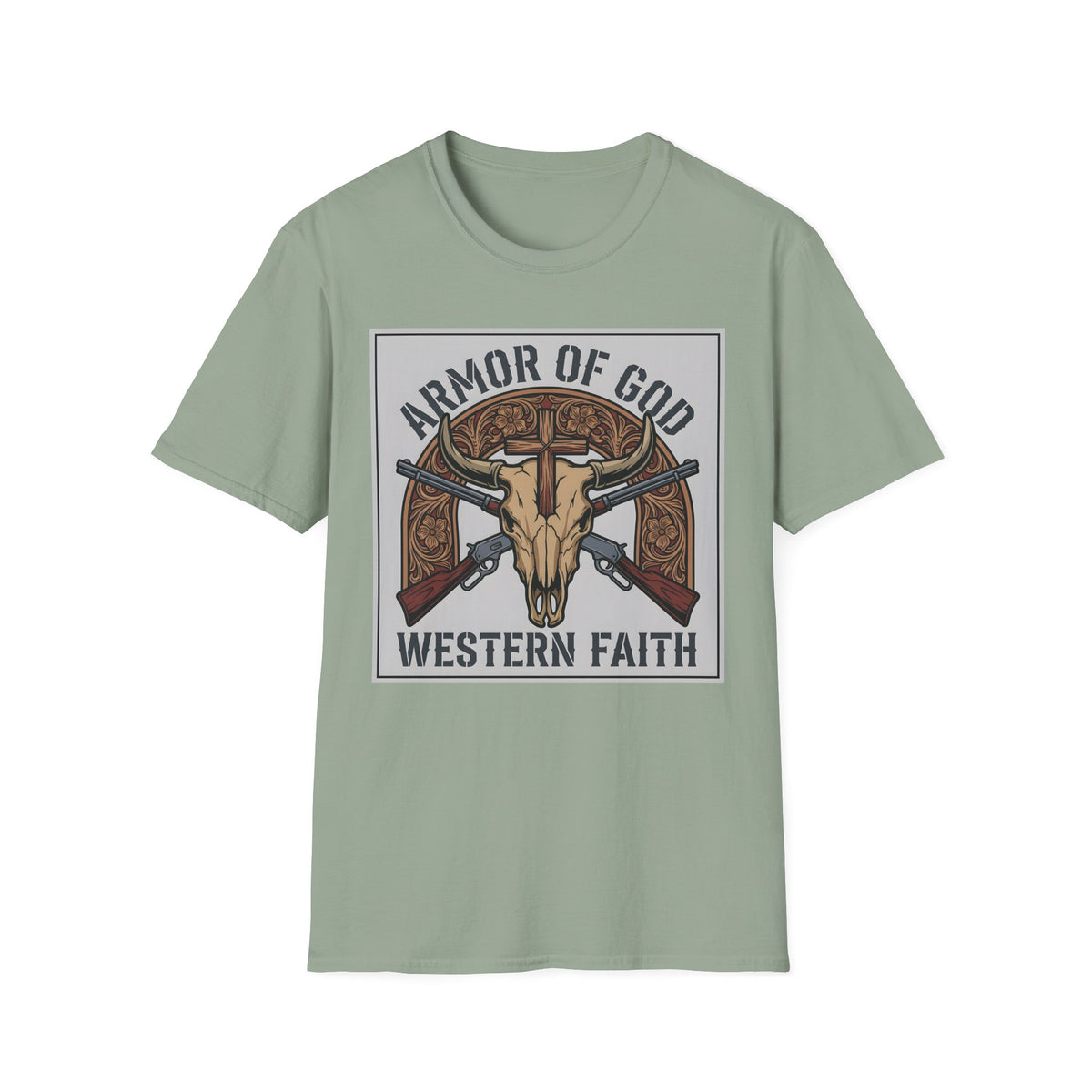 Armor of God western design of a longhorn skull, wooden cross and crossed rifles on a Sage unisex T-Shirt