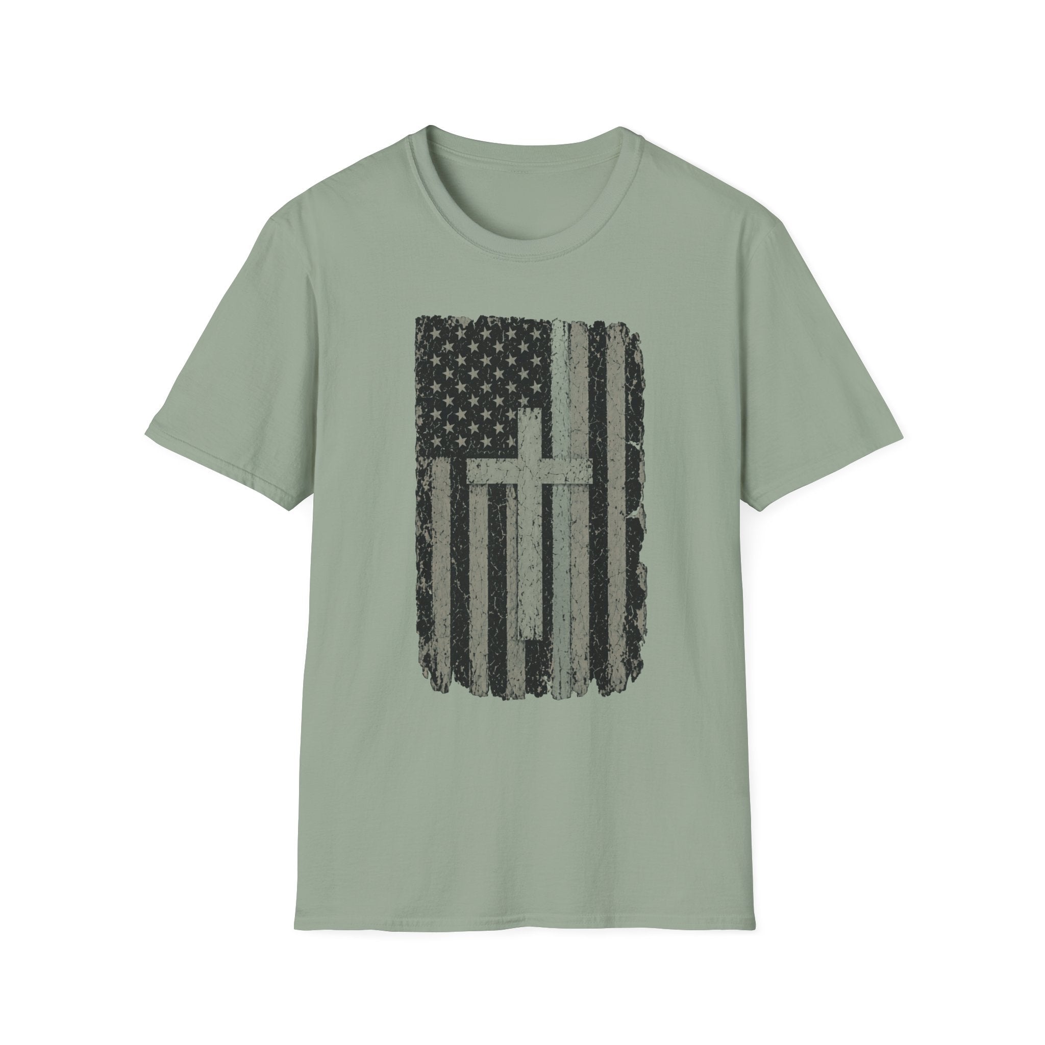 American Flag Cross Silver Line T-Shirt — Distressed Patriotic Christian Tee