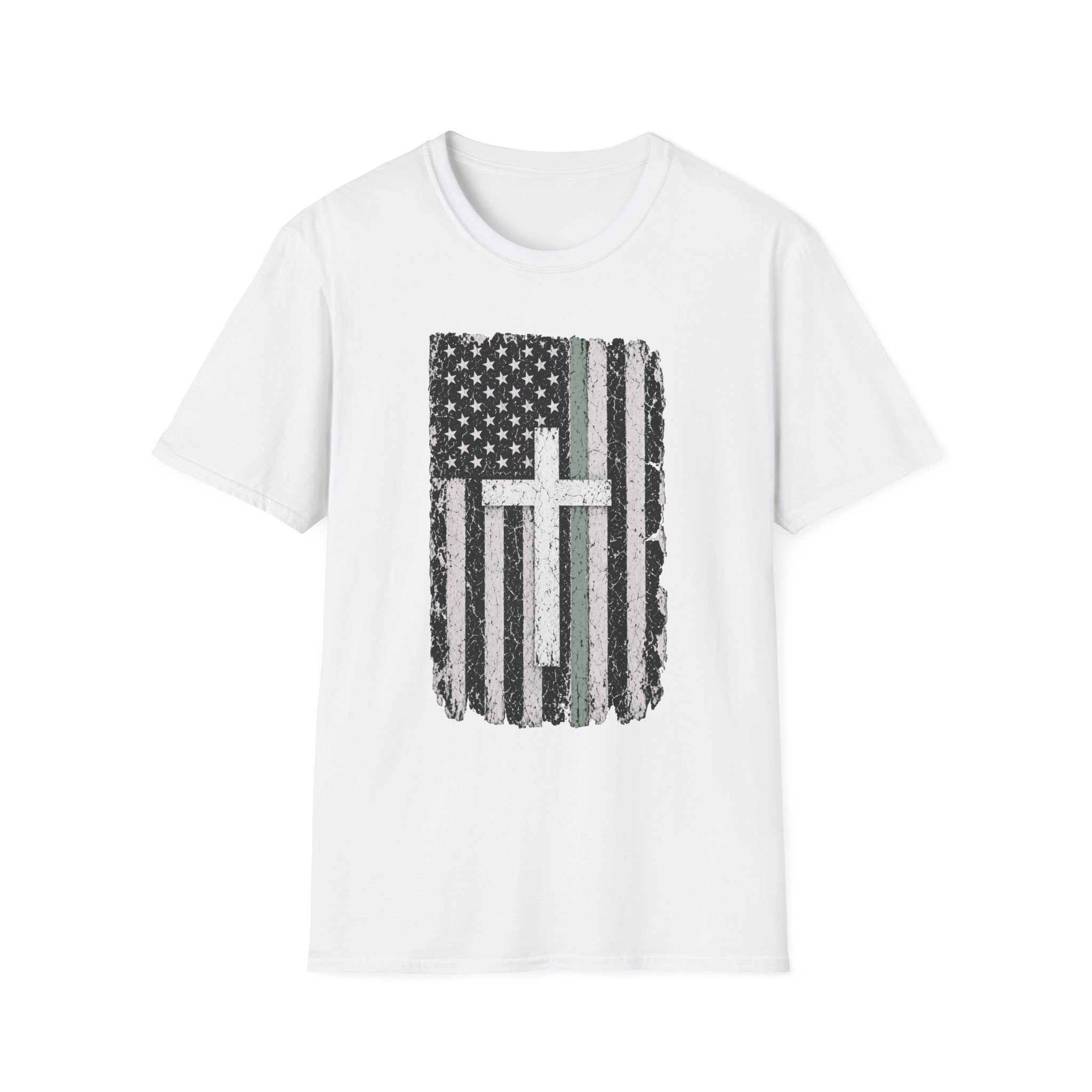 Christian Flag American Green Line Flag T-Shirt — Distressed Cross Patriotic Tee