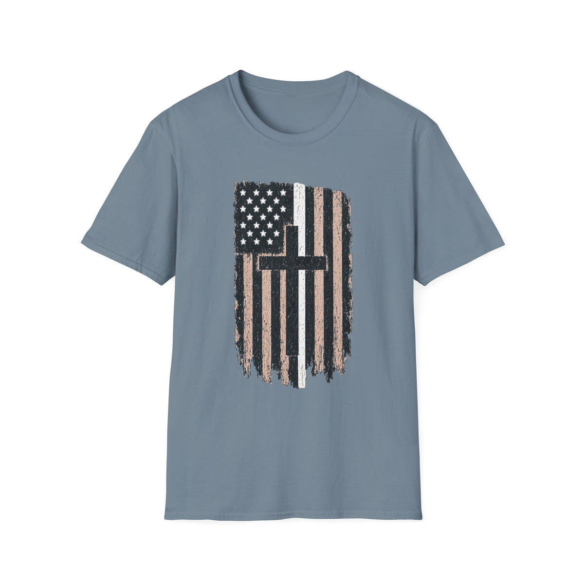 Christian Flag T-Shirt — Distressed American White Line Flag with Cross Graphic