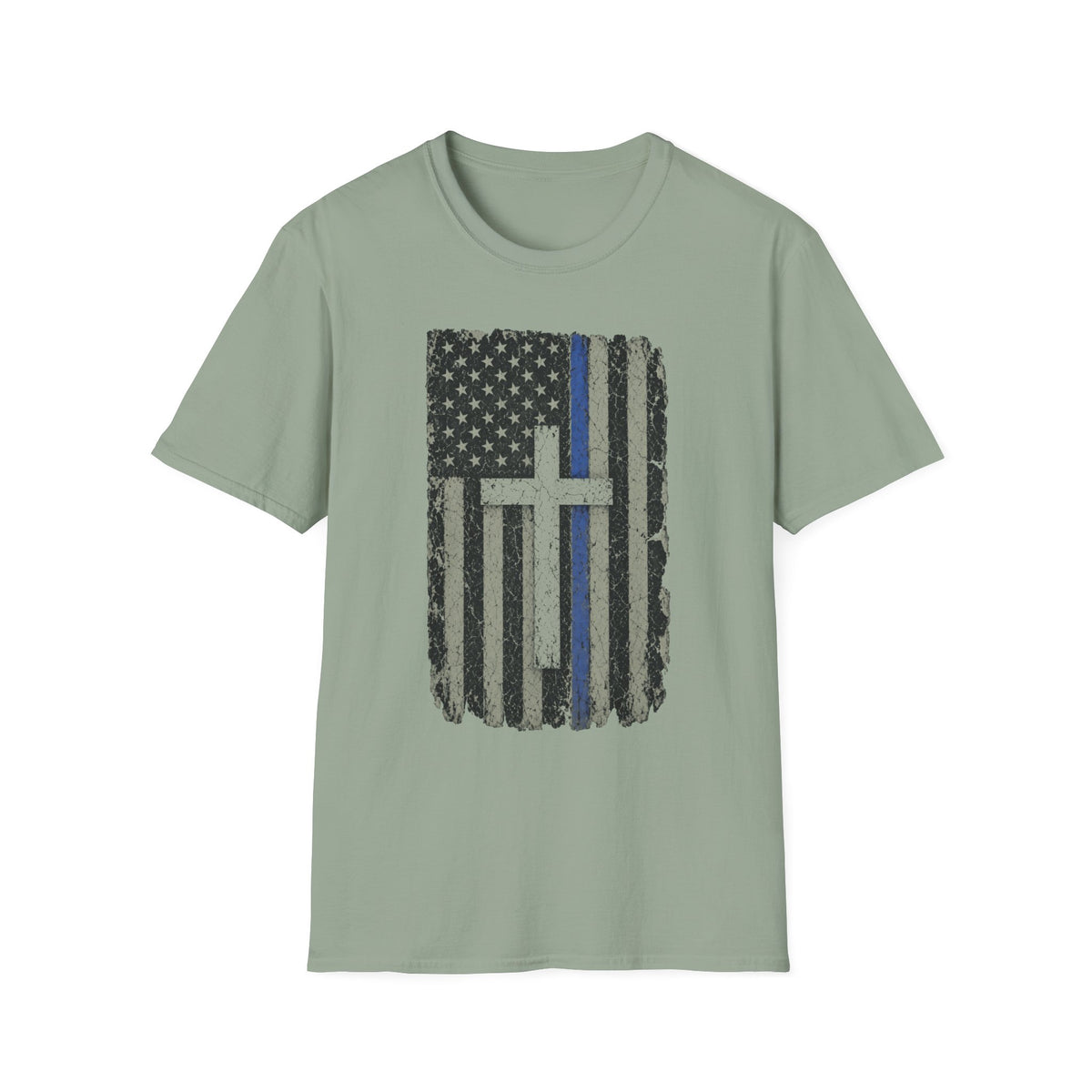 Thin Blue Line American Flag T-Shirt with Cross — Christian Police Support Tee