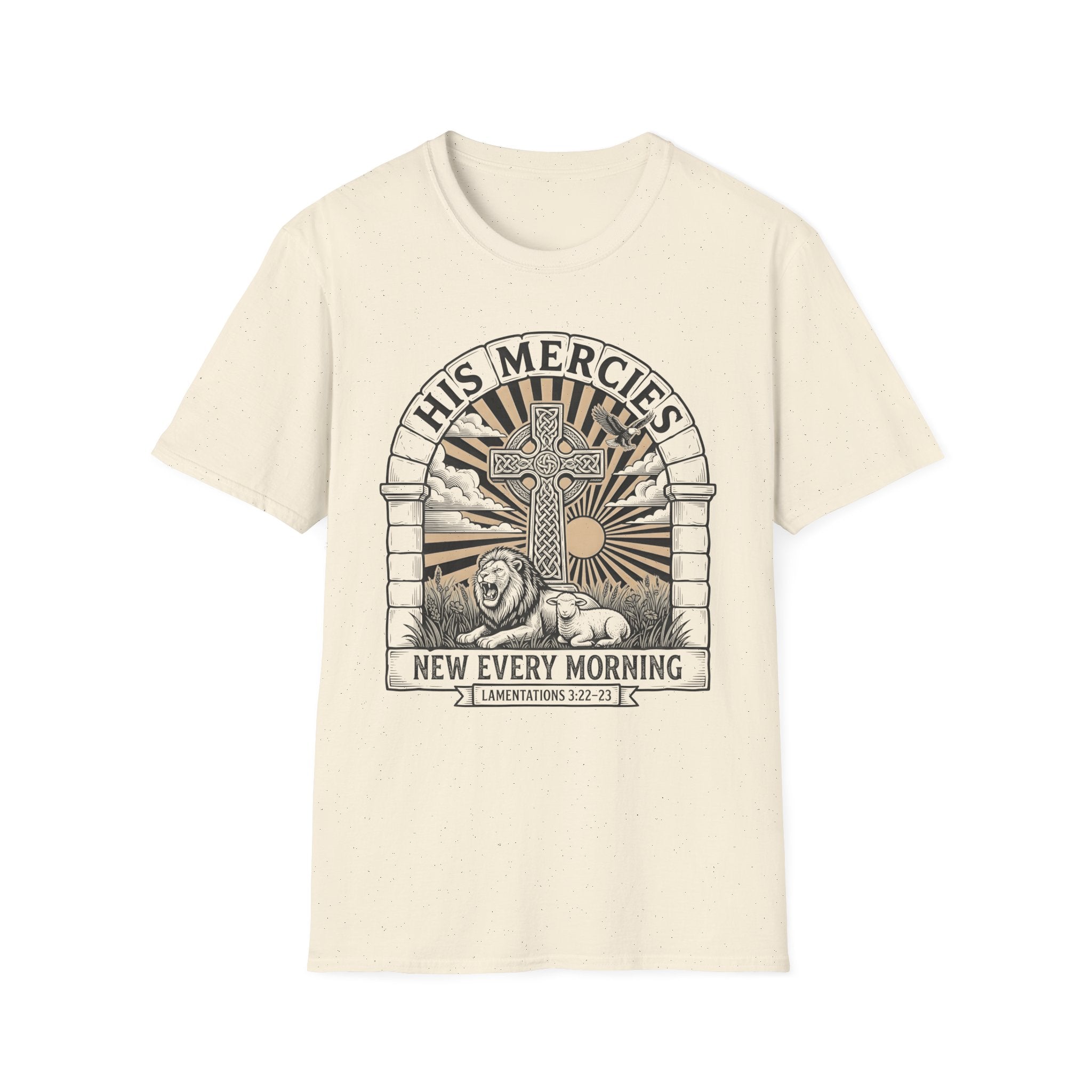 Christian T-Shirt — "His Mercies New Every Morning" Sunrise Cross Tee