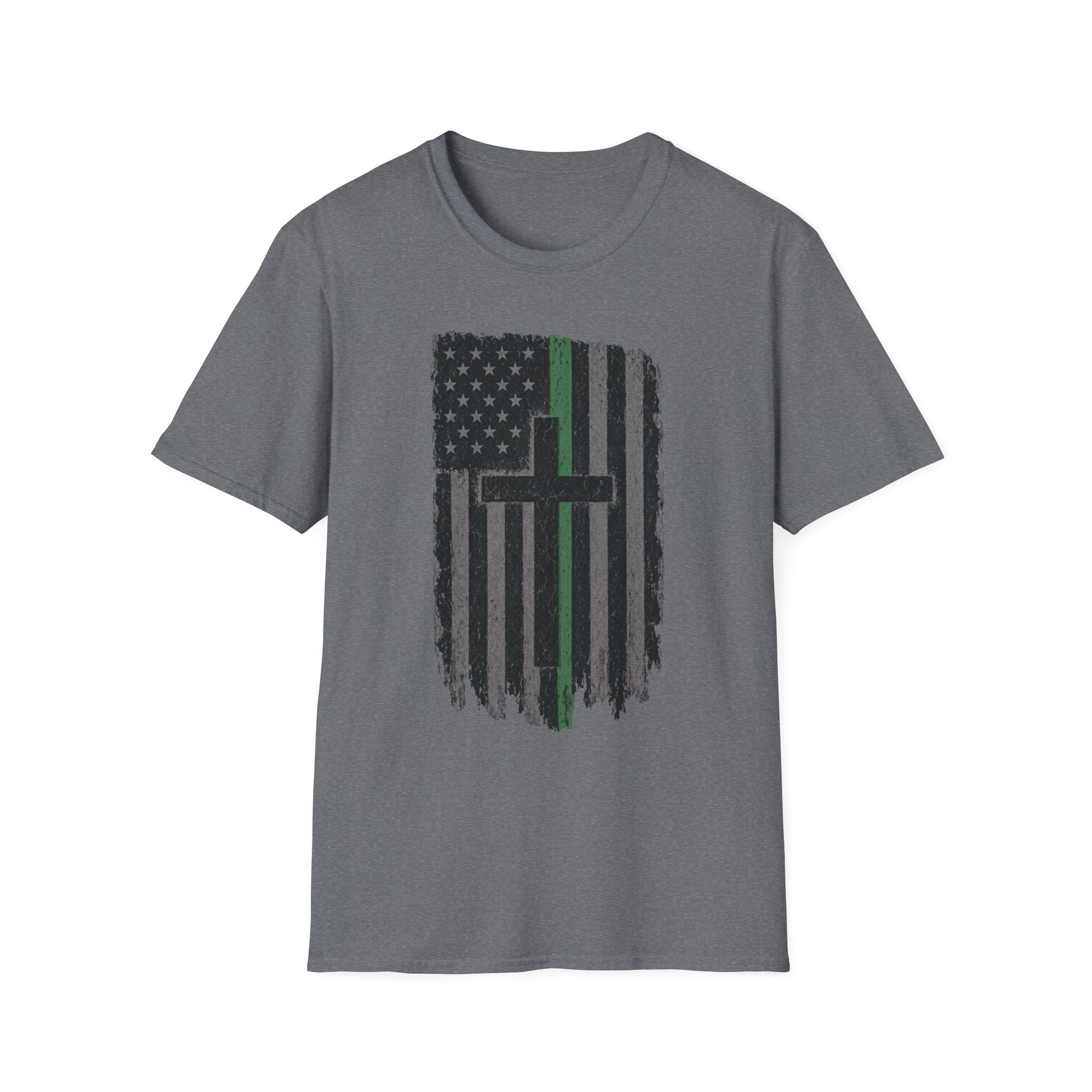 Distressed Green Line Flag Cross T-Shirt — Thin Green Line American Flag Christian Tee