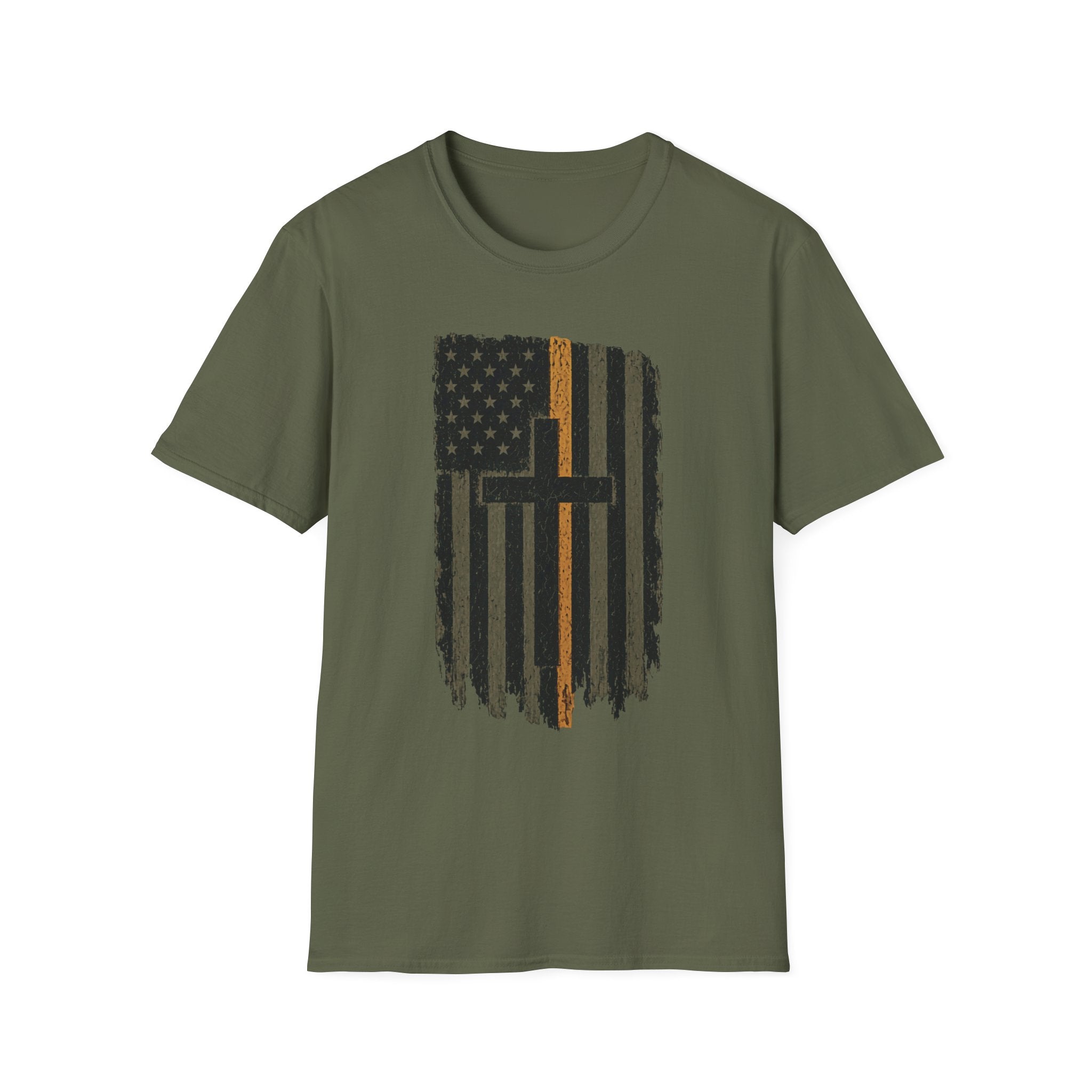 Christian Flag T-Shirt — Distressed American Flag with Cross & Thin Yellow Line
