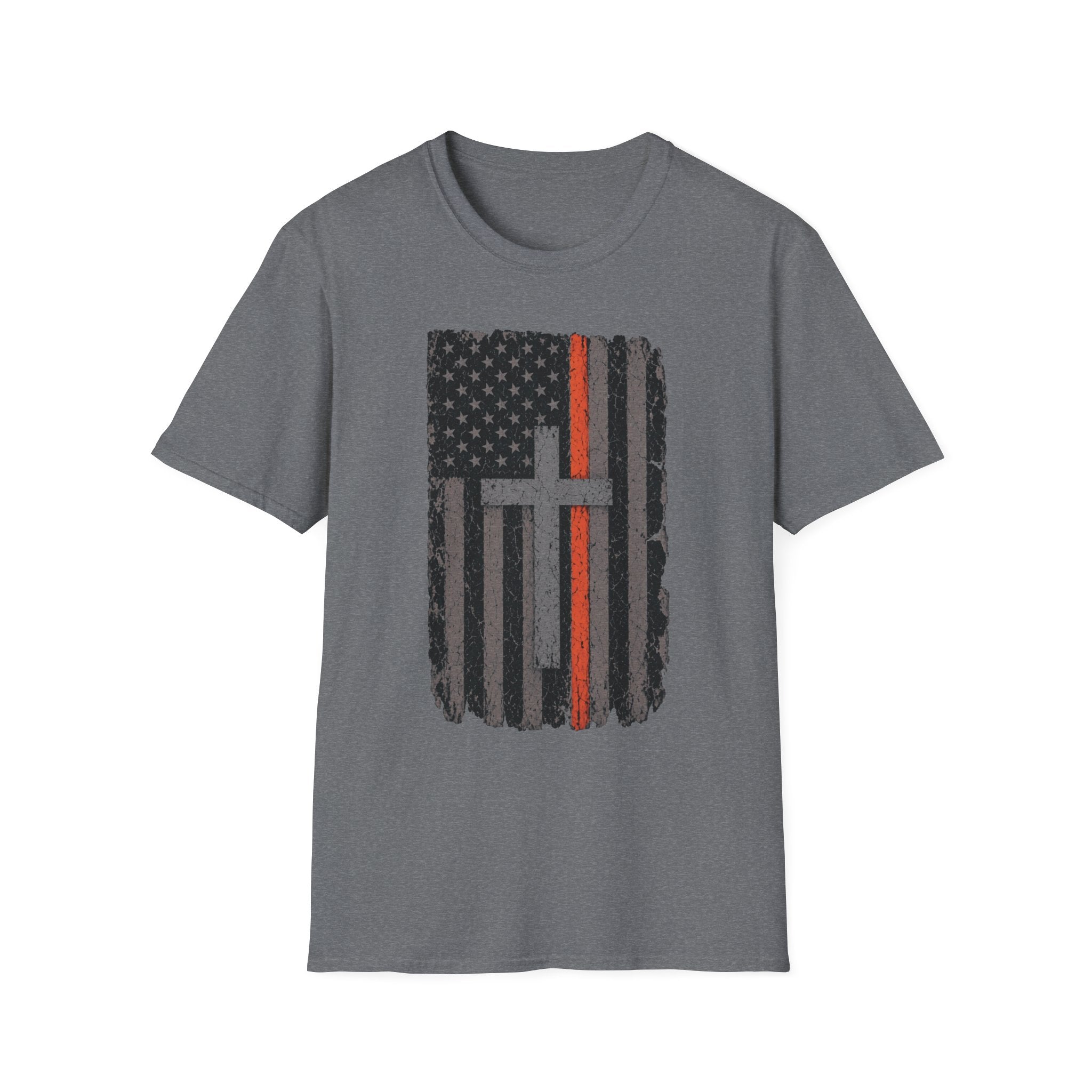 American Flag Cross T‑Shirt — Distressed Thin Orange Line Christian Tee