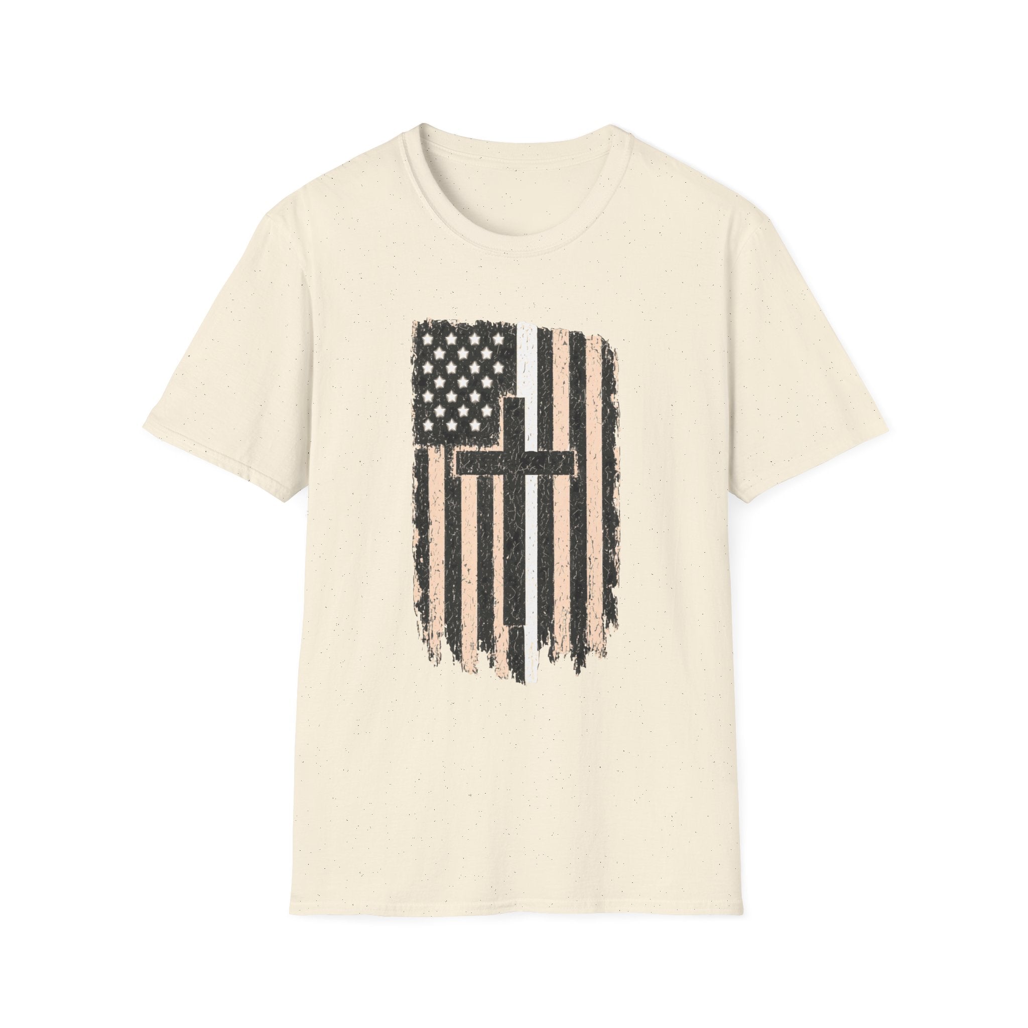 Christian Flag T-Shirt — Distressed American White Line Flag with Cross Graphic