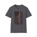 American Flag Cross T‑Shirt — Distressed Thin Orange Line Christian Tee