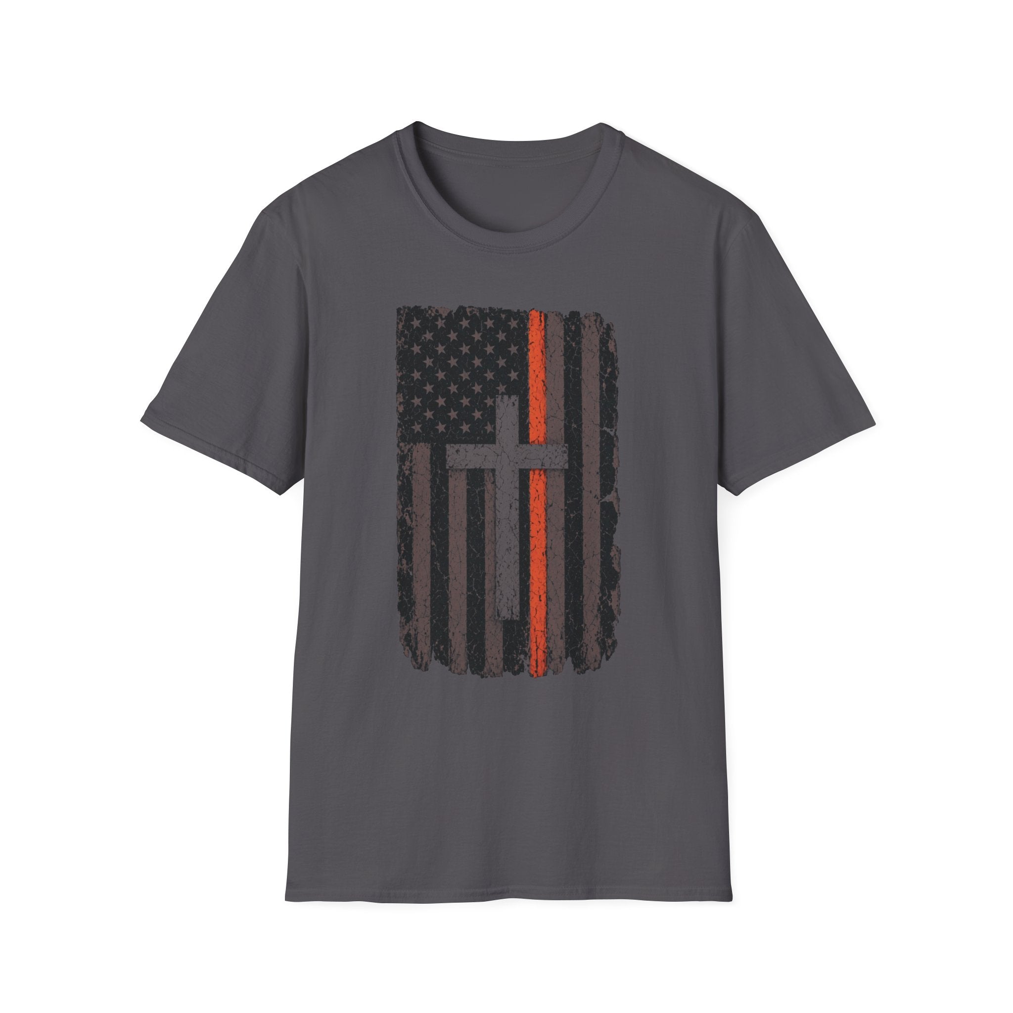 American Flag Cross T‑Shirt — Distressed Thin Orange Line Christian Tee