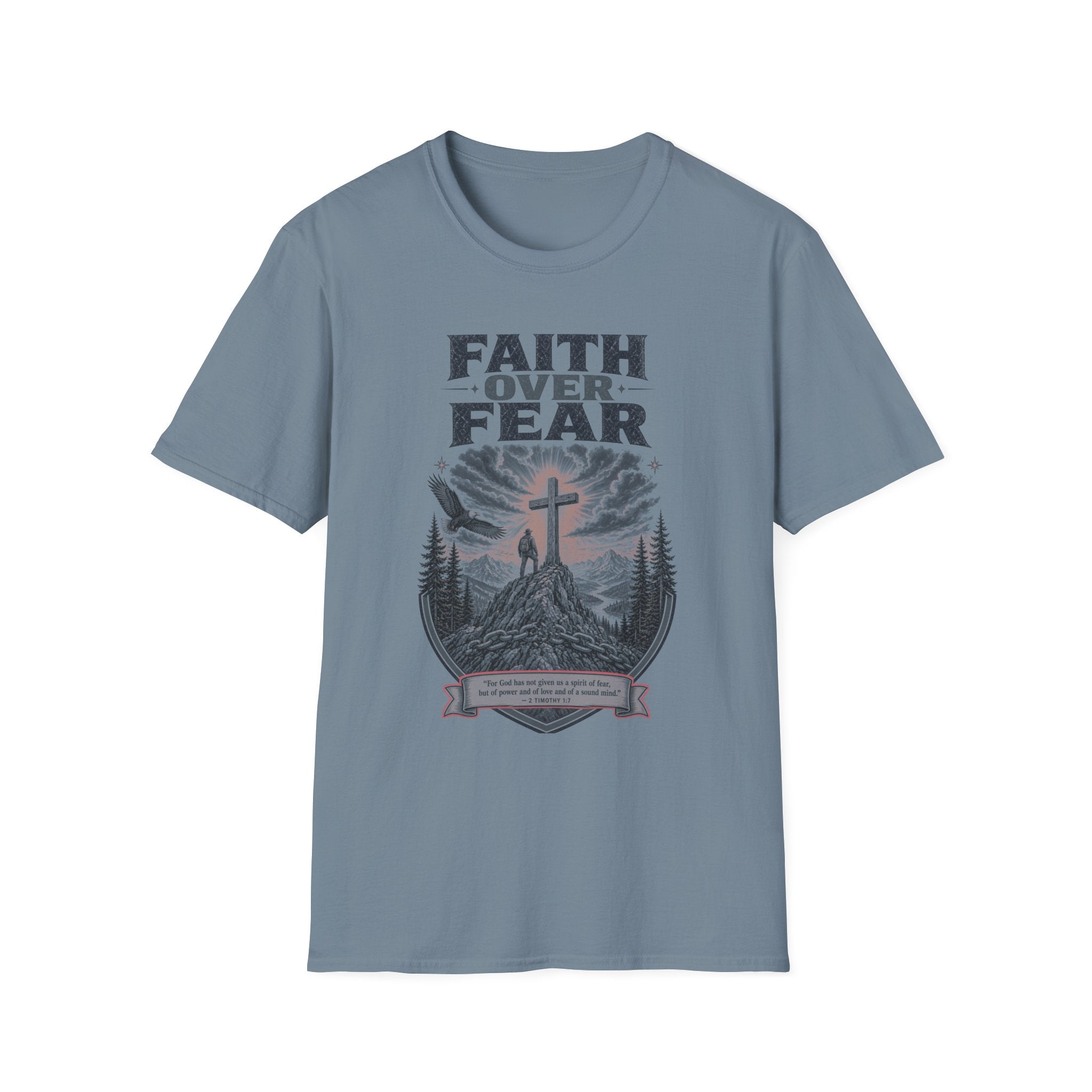 Faith Over Fear T-Shirt — Christian Inspirational Crew Tee with Cross & Mountain Design