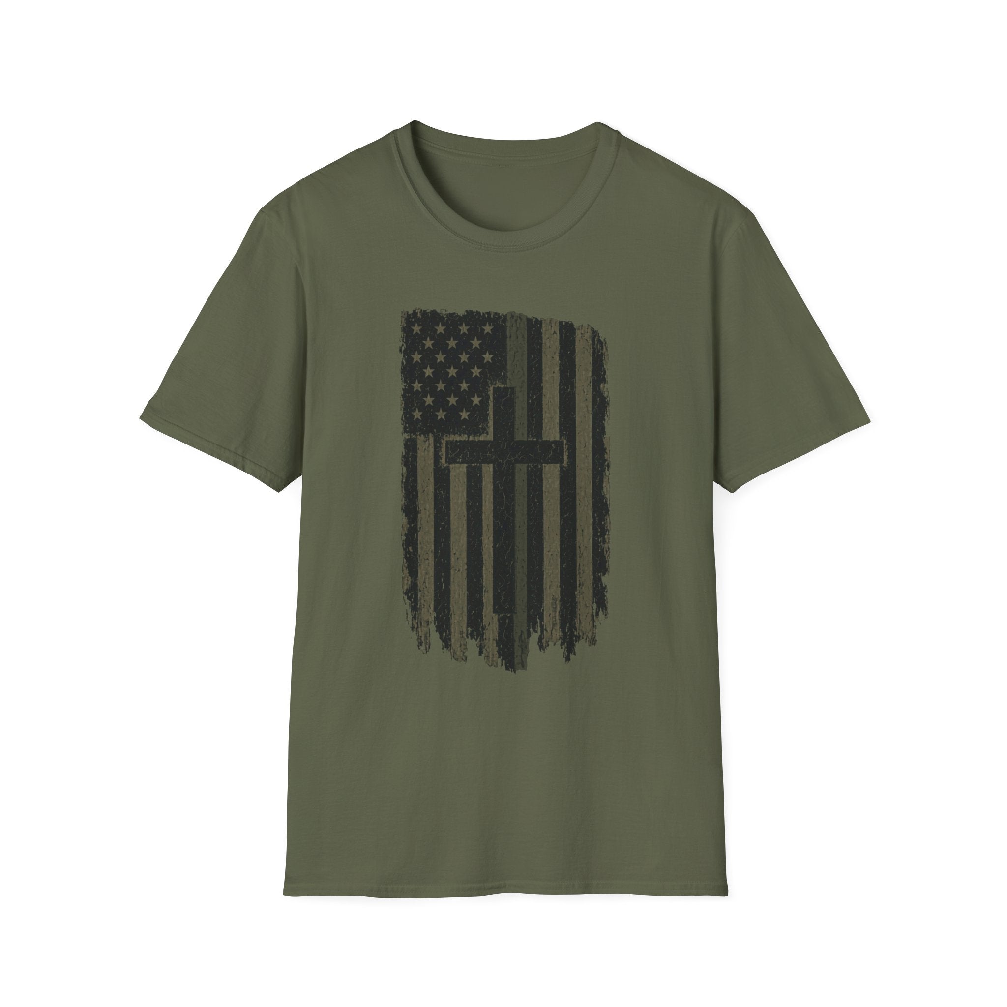 American Flag Cross Gray Line T-Shirt — Distressed Christian Patriotic Tee