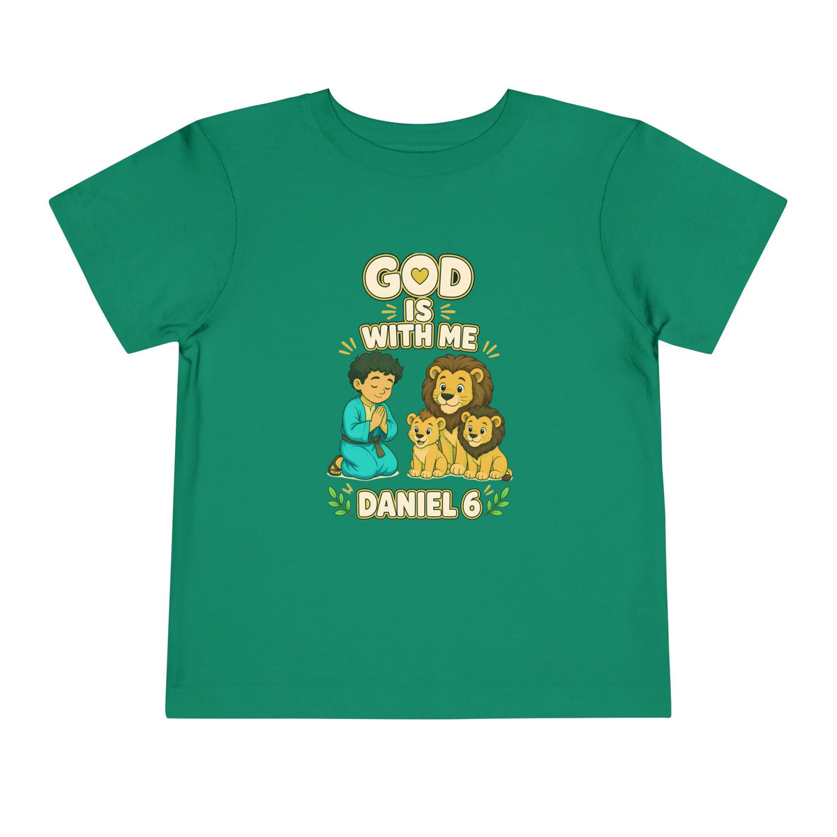 Daniel praying beside a lion and two cubs, God Is With Me Daniel 6 design on a Kelly toddler T-Shirt