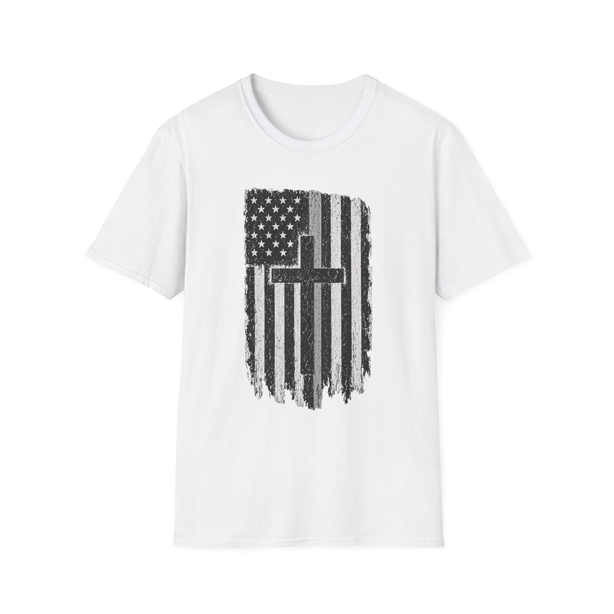 American Flag Cross Gray Line T-Shirt — Distressed Christian Patriotic Tee