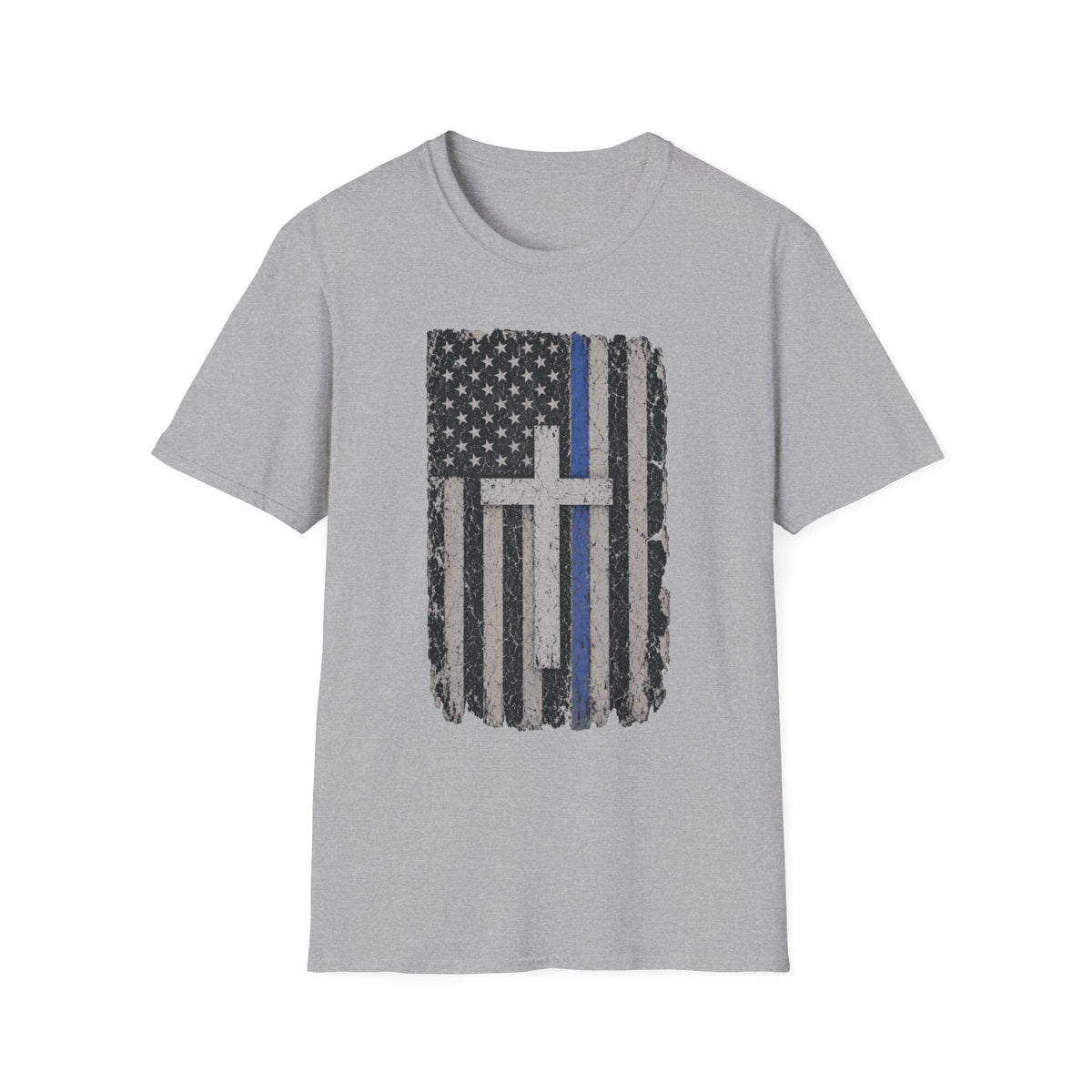 Thin Blue Line American Flag T-Shirt with Cross — Christian Police Support Tee