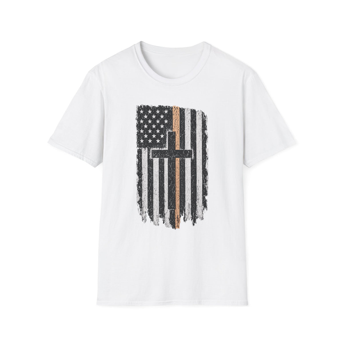 Christian Flag T-Shirt — Distressed American Flag with Cross & Thin Yellow Line