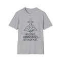 Rooted Faith T‑Shirt — "Rooted. Unmovable. Steadfast." Christian Mountain Cross Tee
