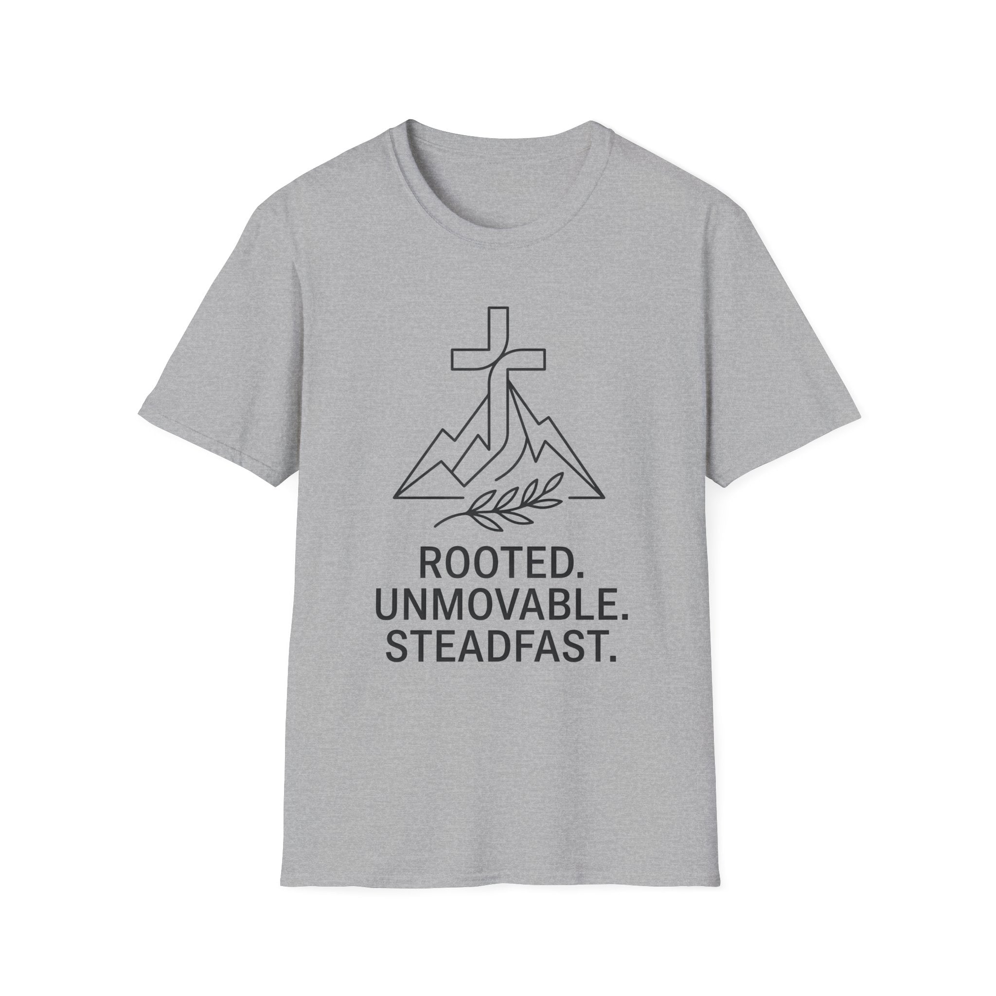 Rooted Faith T‑Shirt — "Rooted. Unmovable. Steadfast." Christian Mountain Cross Tee