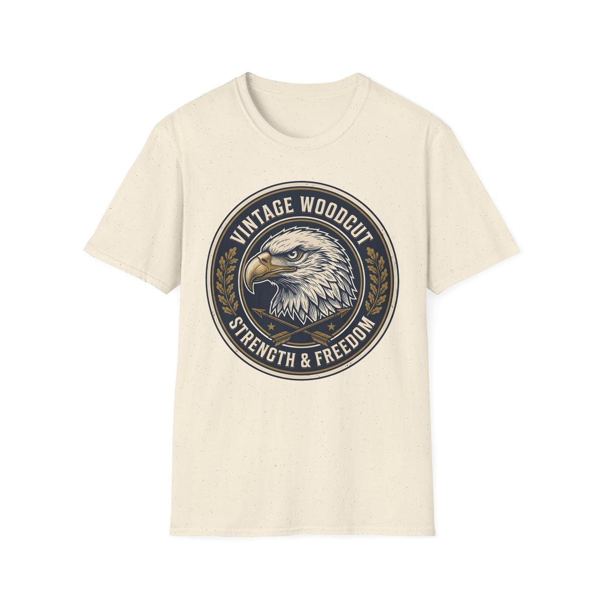 Strength & Freedom vintage woodcut emblem of a bald eagle with crossed arrows on a Natural unisex T-Shirt