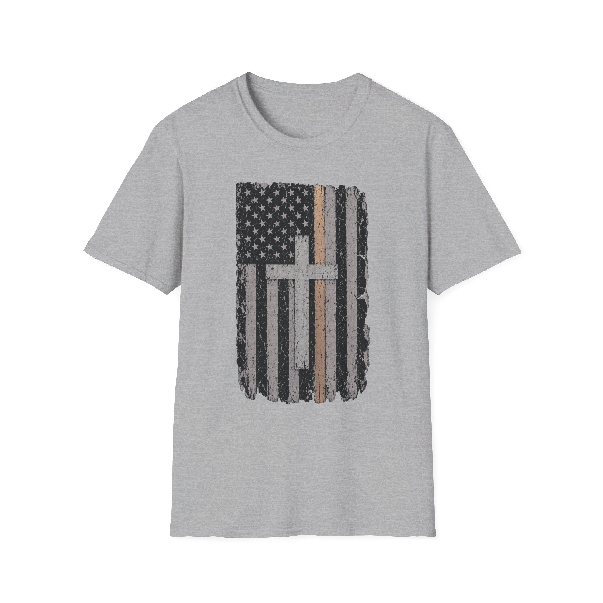 Christian American Yellow Line Flag T-Shirt — Distressed Cross USA Tee
