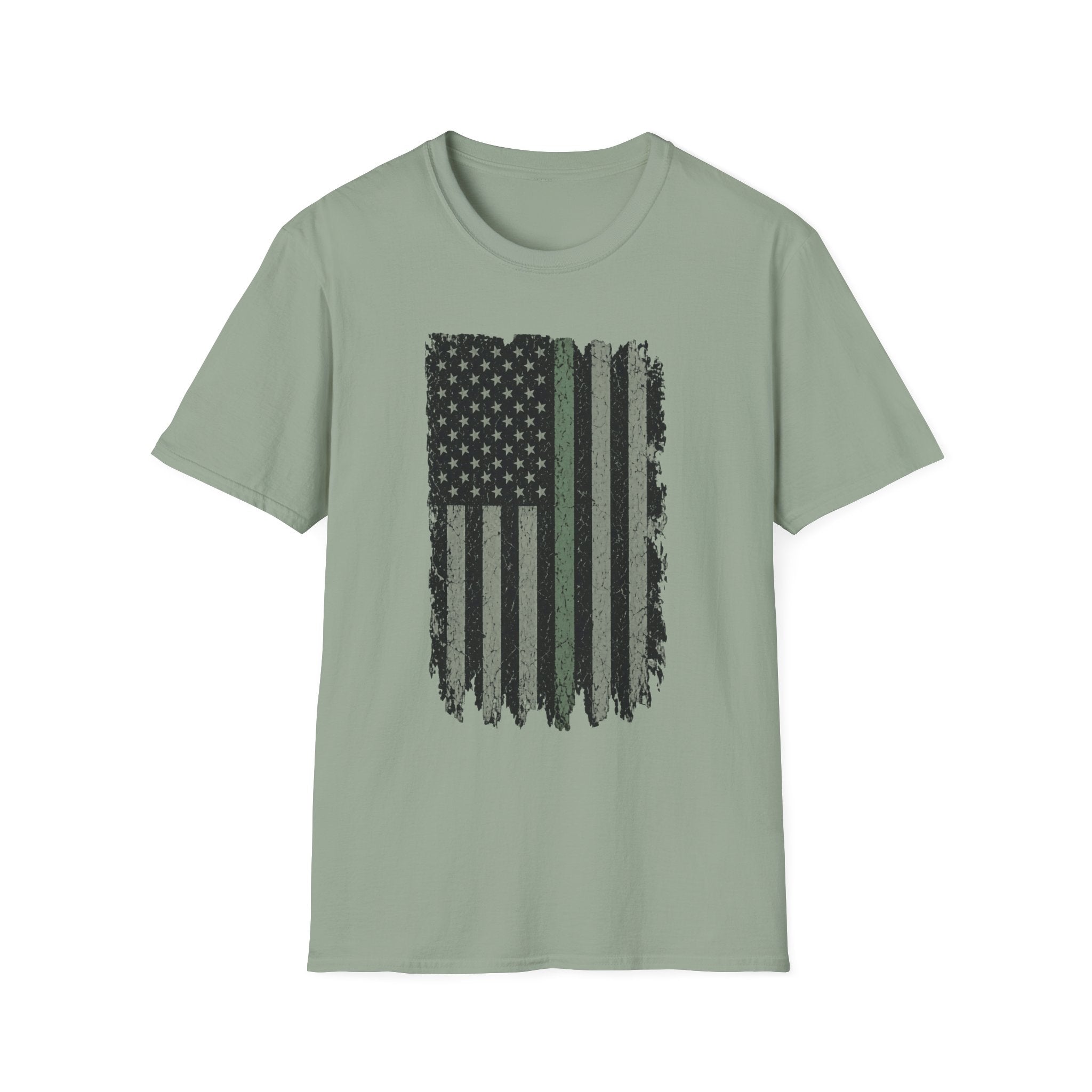 Distressed Thin Green Line American Flag T-Shirt — Supports Military and Similar Roles