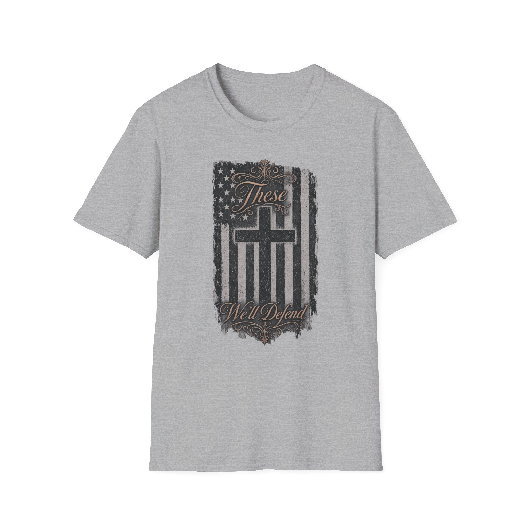 Christian Flag T-Shirt — "These Will Defend" Cross & American Flag Graphic