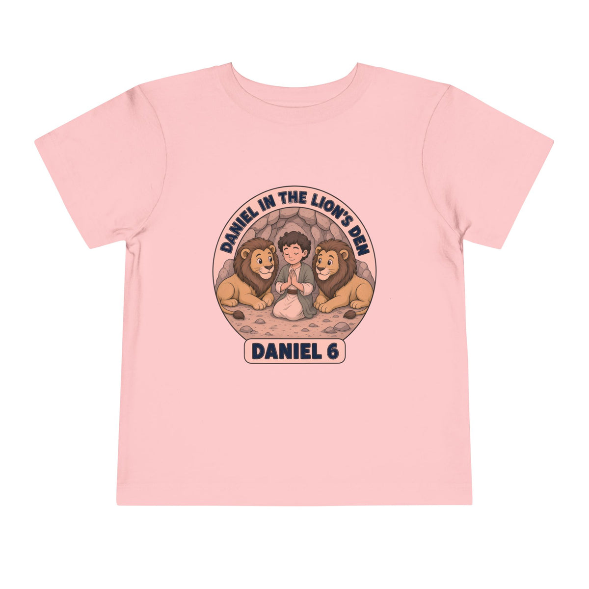 Circular badge of Daniel praying between two lions, Daniel in the Lion's Den Daniel 6 design on a Pink toddler T-Shirt