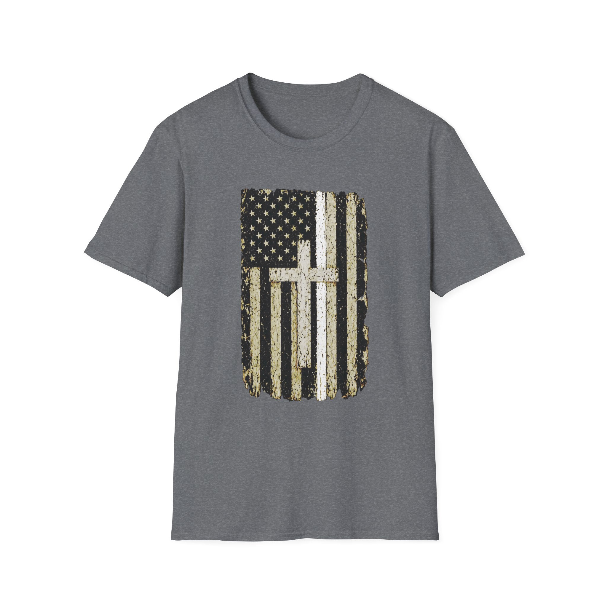 Distressed Thin White Line American Flag Cross T-Shirt — Vintage USA Faith Tee