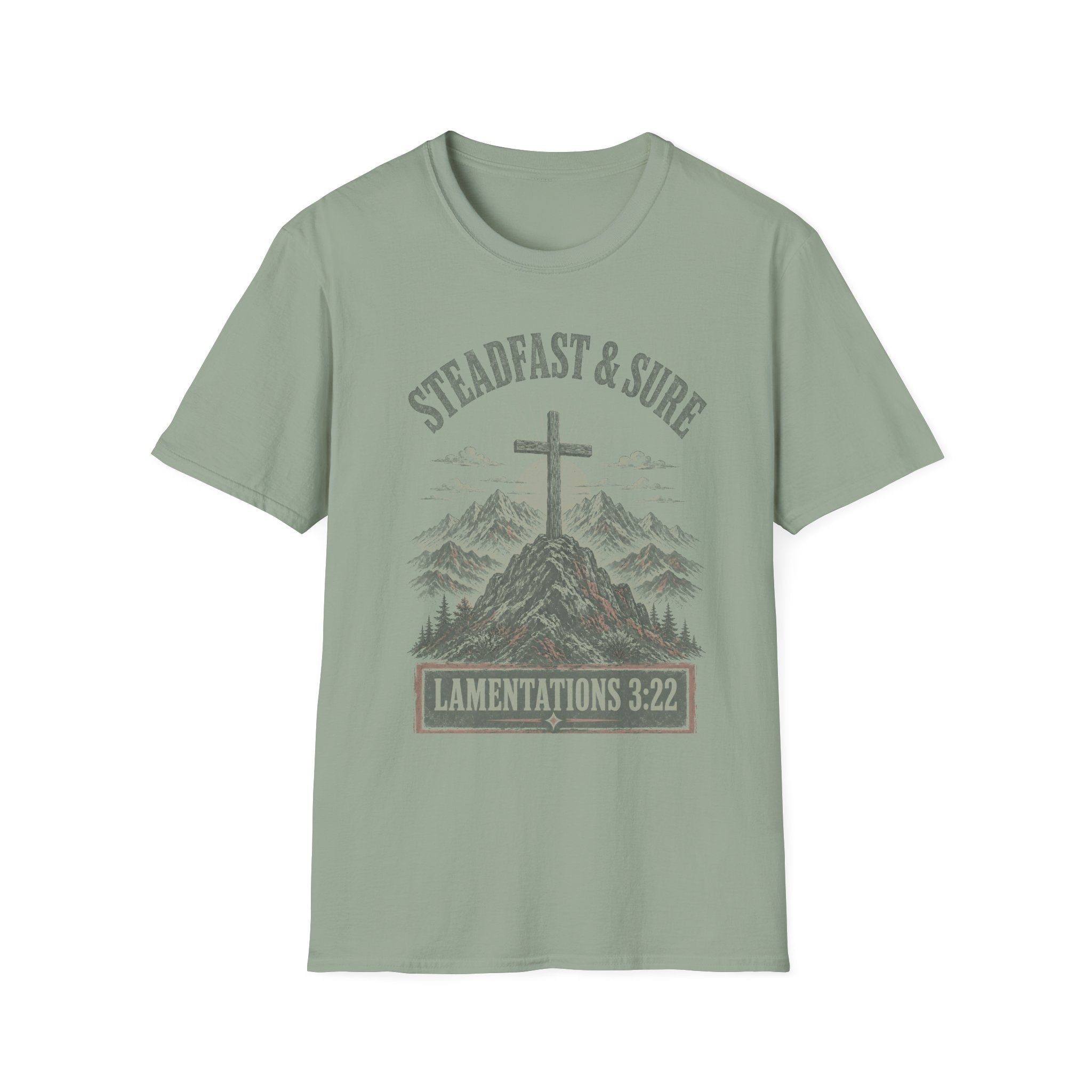 Steadfast & Sure Cross T-Shirt — Lamentations 3:22 Christian Faith Tee