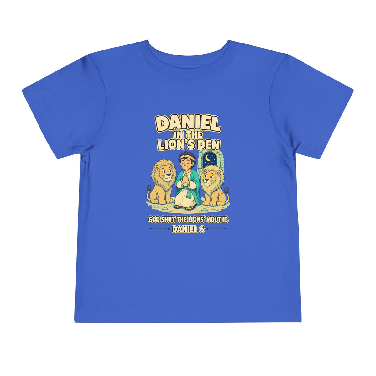 Daniel praying between two gentle lions under a crescent moon, God Shut the Lions' Mouths Daniel 6 design on a True Royal toddler T-Shirt