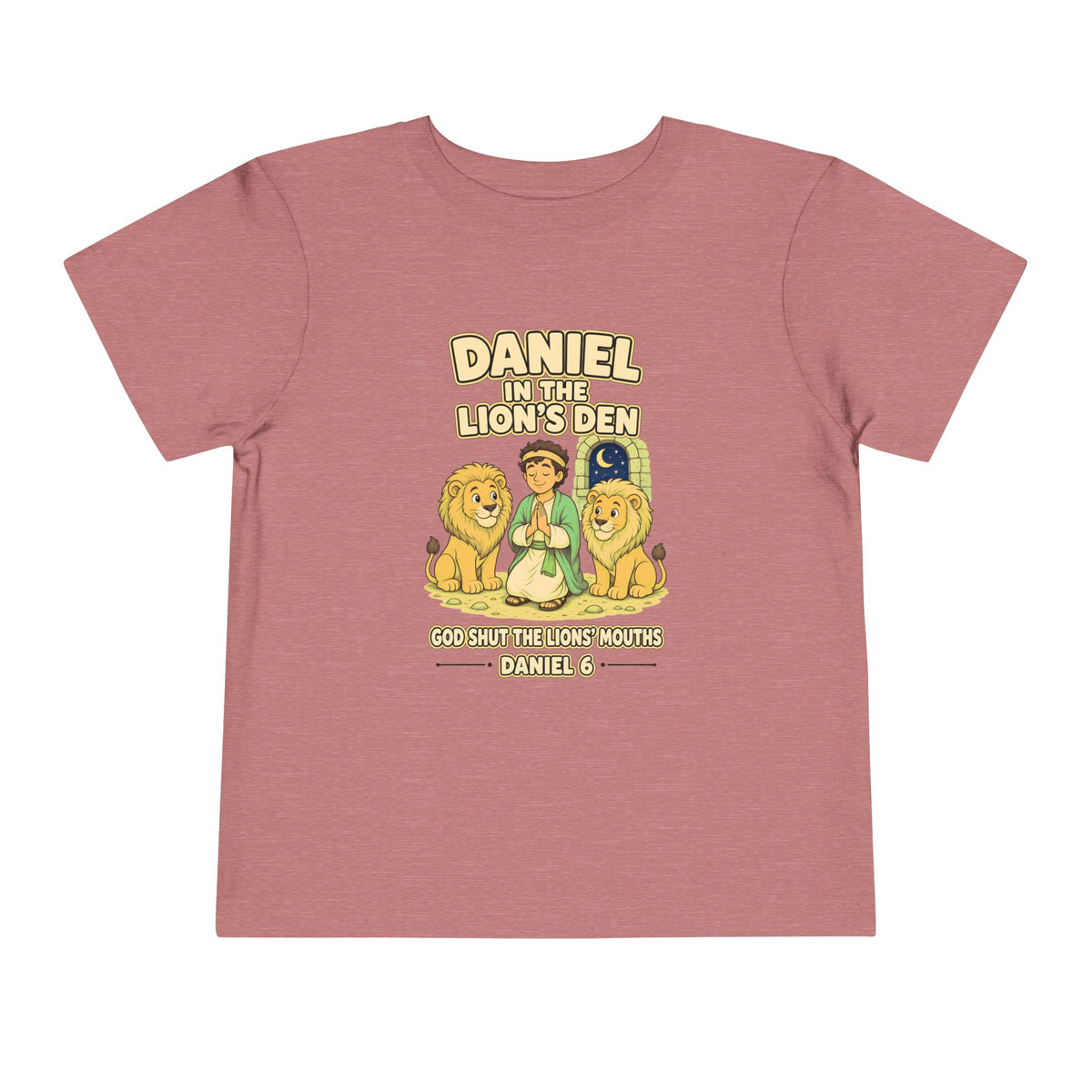 Daniel praying between two gentle lions under a crescent moon, God Shut the Lions' Mouths Daniel 6 design on a Heather Mauve toddler T-Shirt
