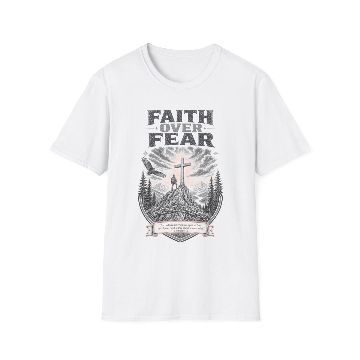 Faith Over Fear T-Shirt — Christian Inspirational Crew Tee with Cross & Mountain Design
