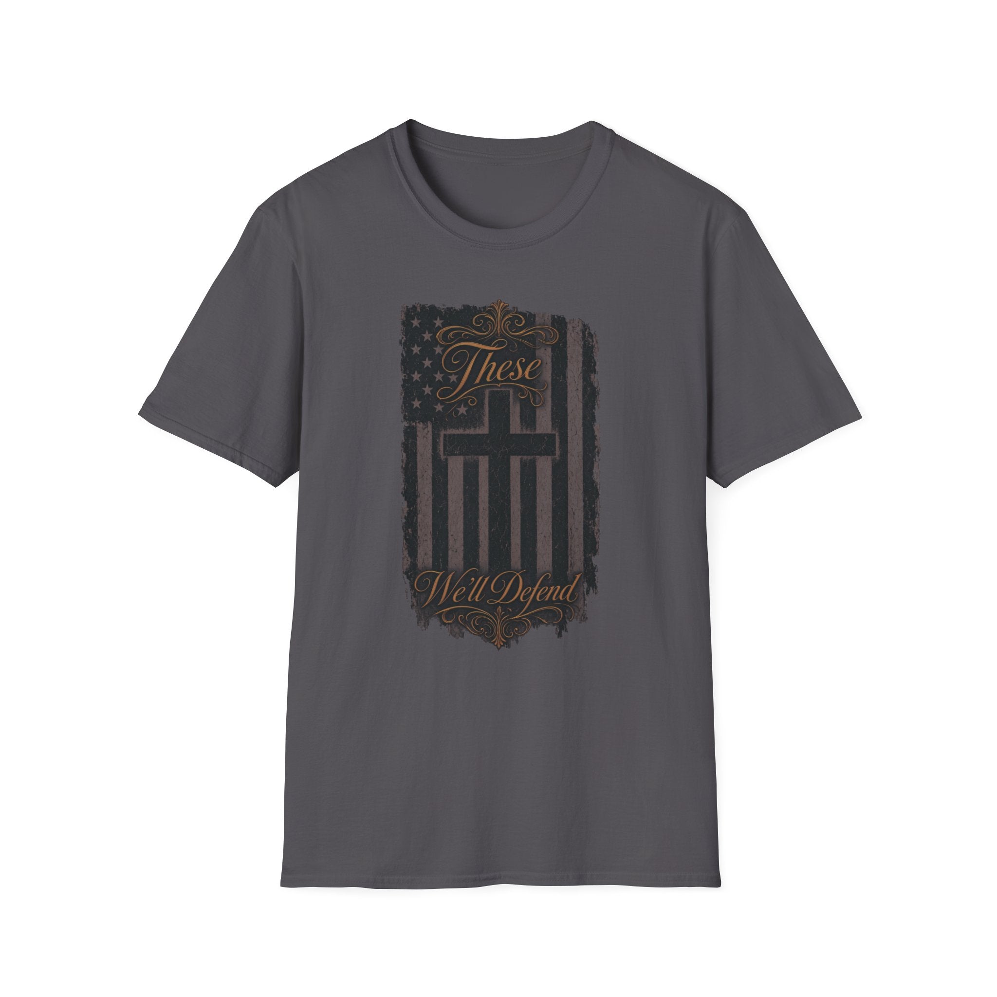 Christian Flag T-Shirt — "These Will Defend" Cross & American Flag Graphic