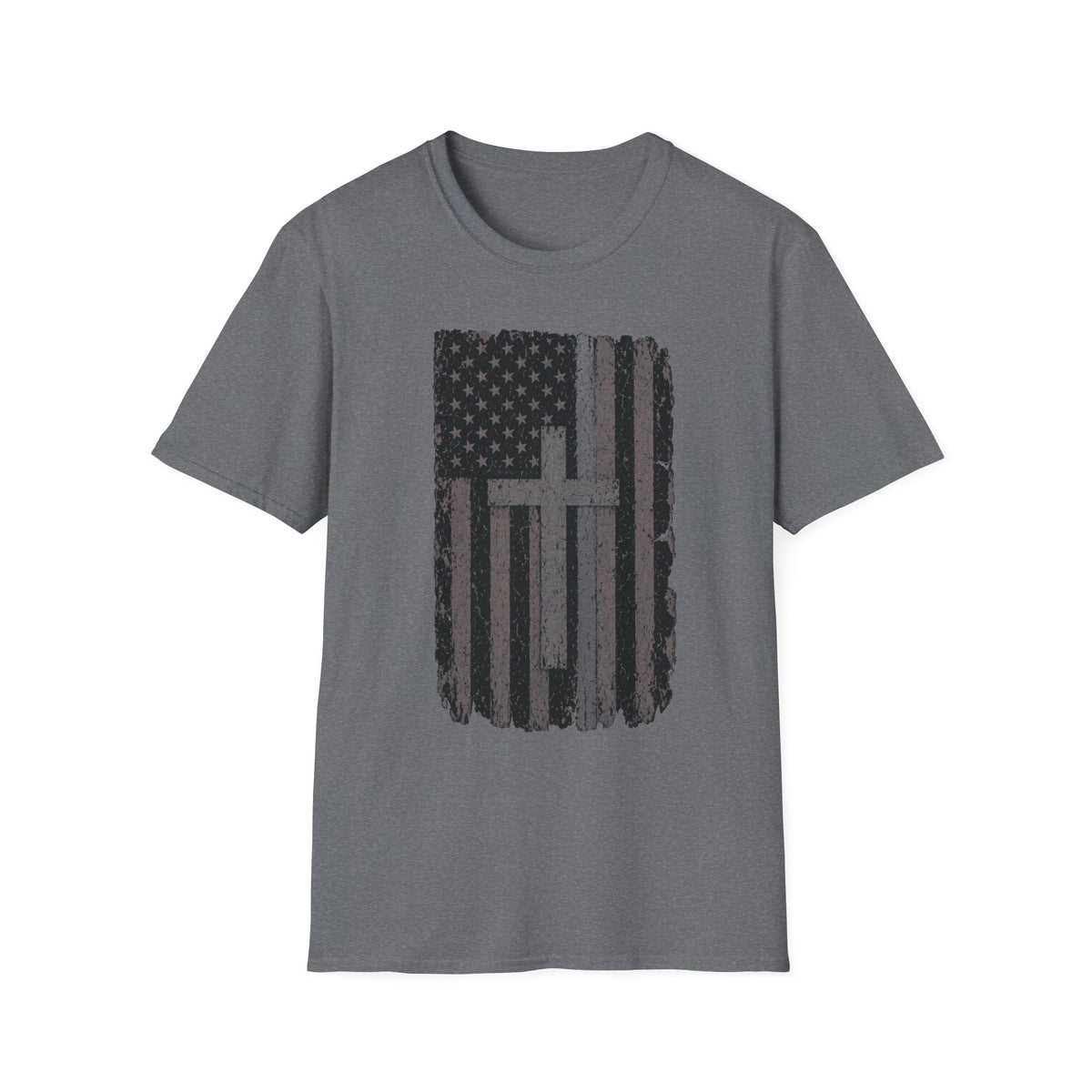 American Flag Cross Silver Line T-Shirt — Distressed Patriotic Christian Tee