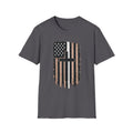 Christian Flag T-Shirt — Distressed American White Line Flag with Cross Graphic