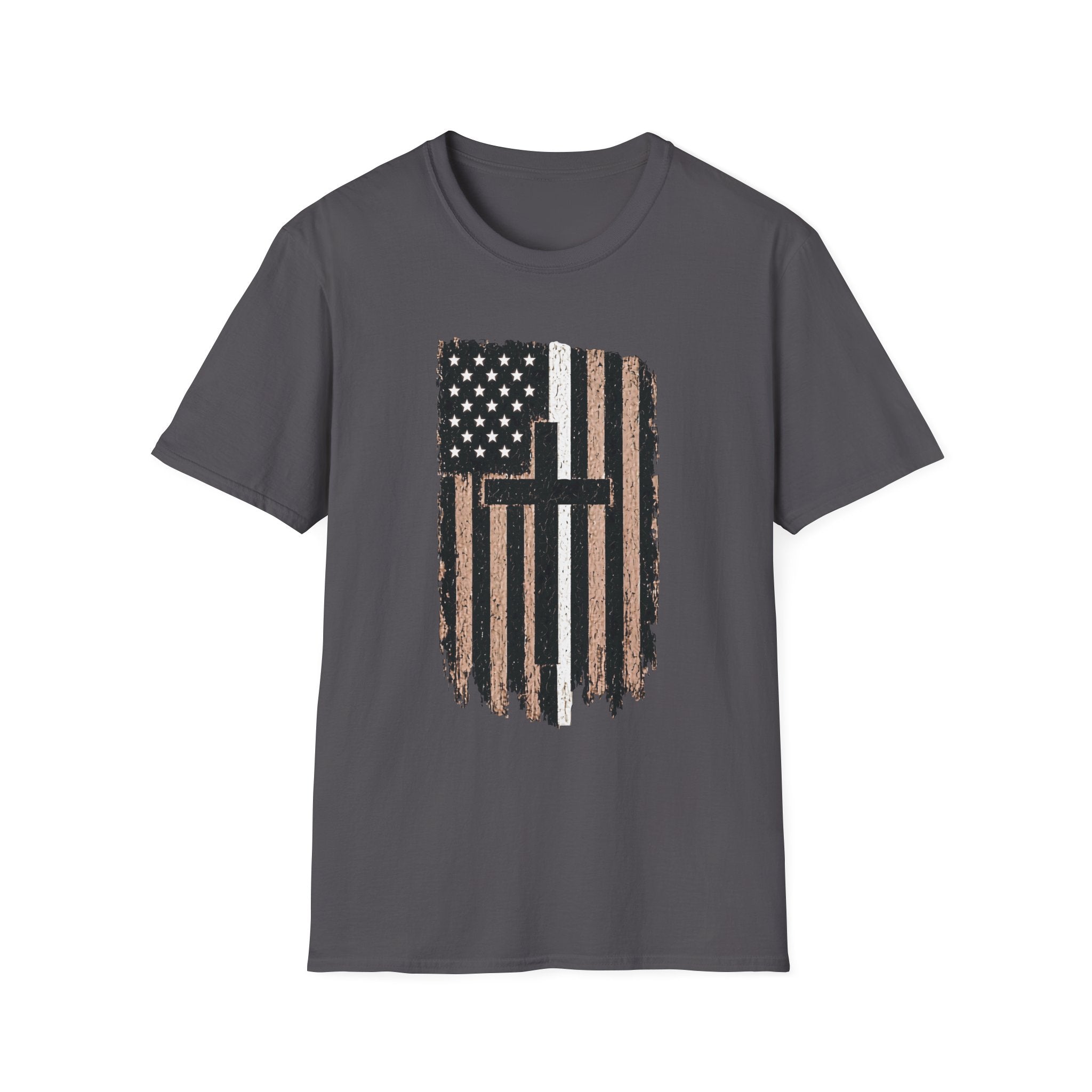 Christian Flag T-Shirt — Distressed American White Line Flag with Cross Graphic